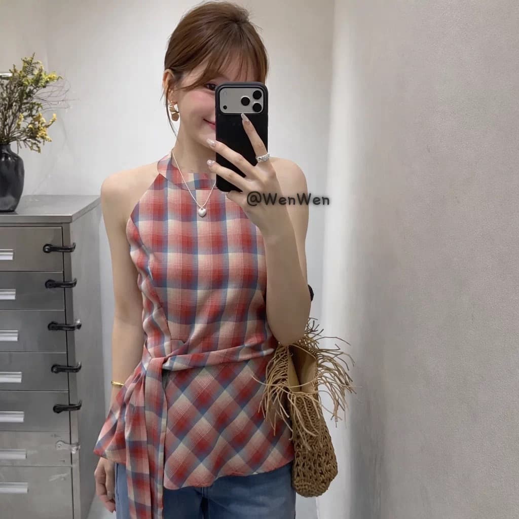 한 부서 체크무늬 행침 목 민소매 조끼 여성 봄 레이스업 백리스 슬림해 보이는 맨위 캐주얼 바람 몸매 가꾸기 다용도 체크무늬 이미지 3