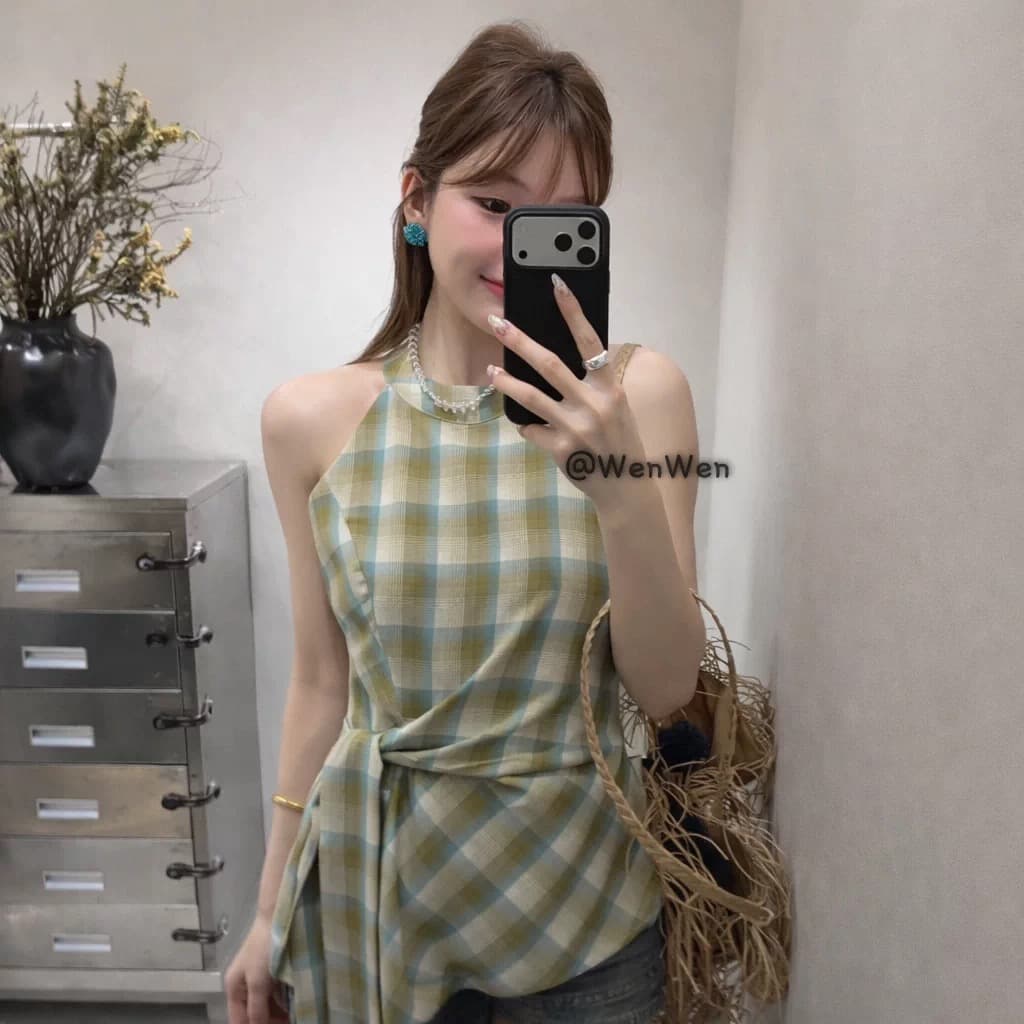 한 부서 체크무늬 행침 목 민소매 조끼 여성 봄 레이스업 백리스 슬림해 보이는 맨위 캐주얼 바람 몸매 가꾸기 다용도 체크무늬 상세 이미지 2