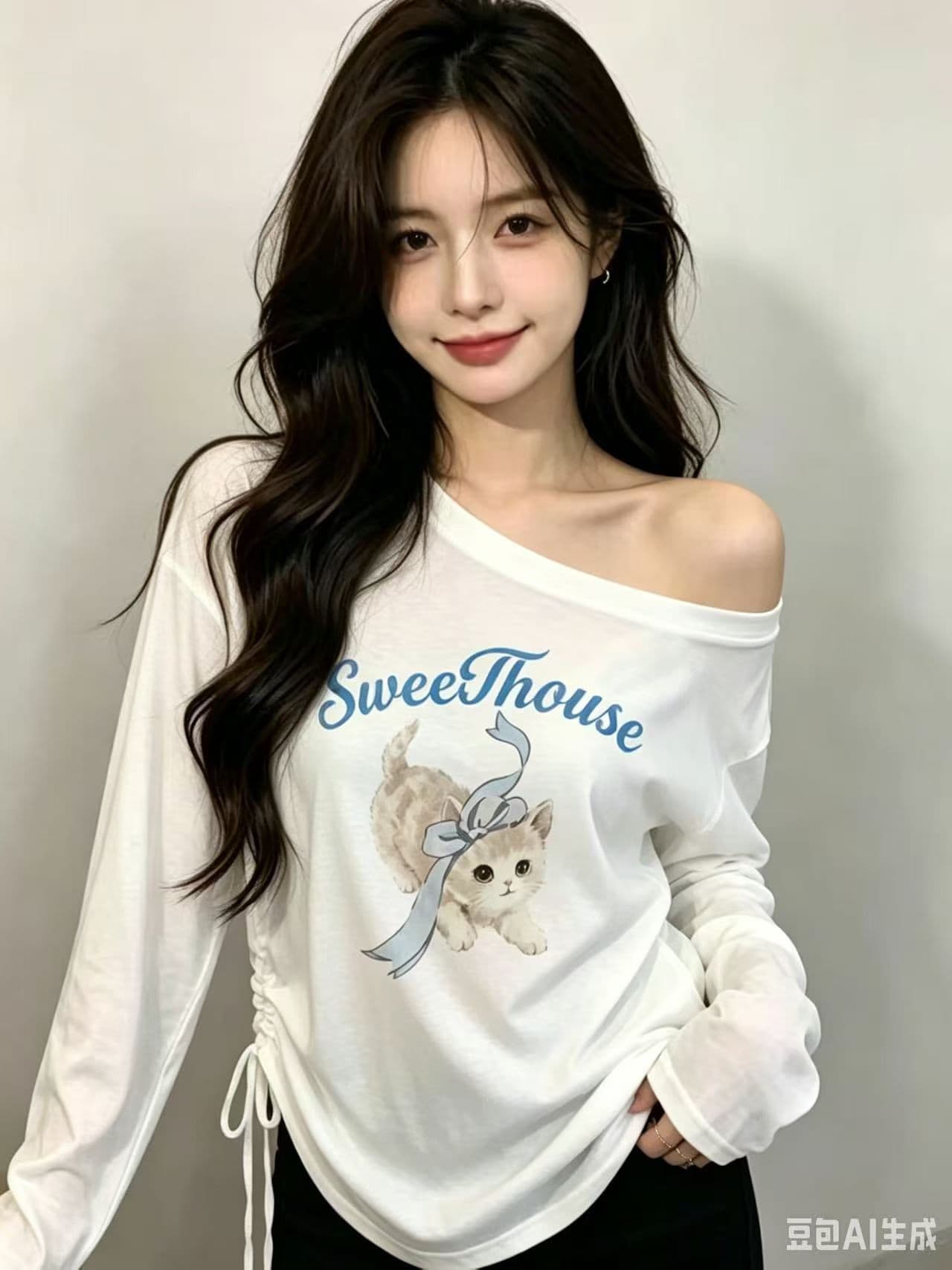 한 부서 고양이 프린트 비스듬한 어깨 티셔츠 여성 여름 측면 펌프 로프 허리 수축 달콤한 자매 바람 마이크로 ~을 통해 자외선 차단 맨위