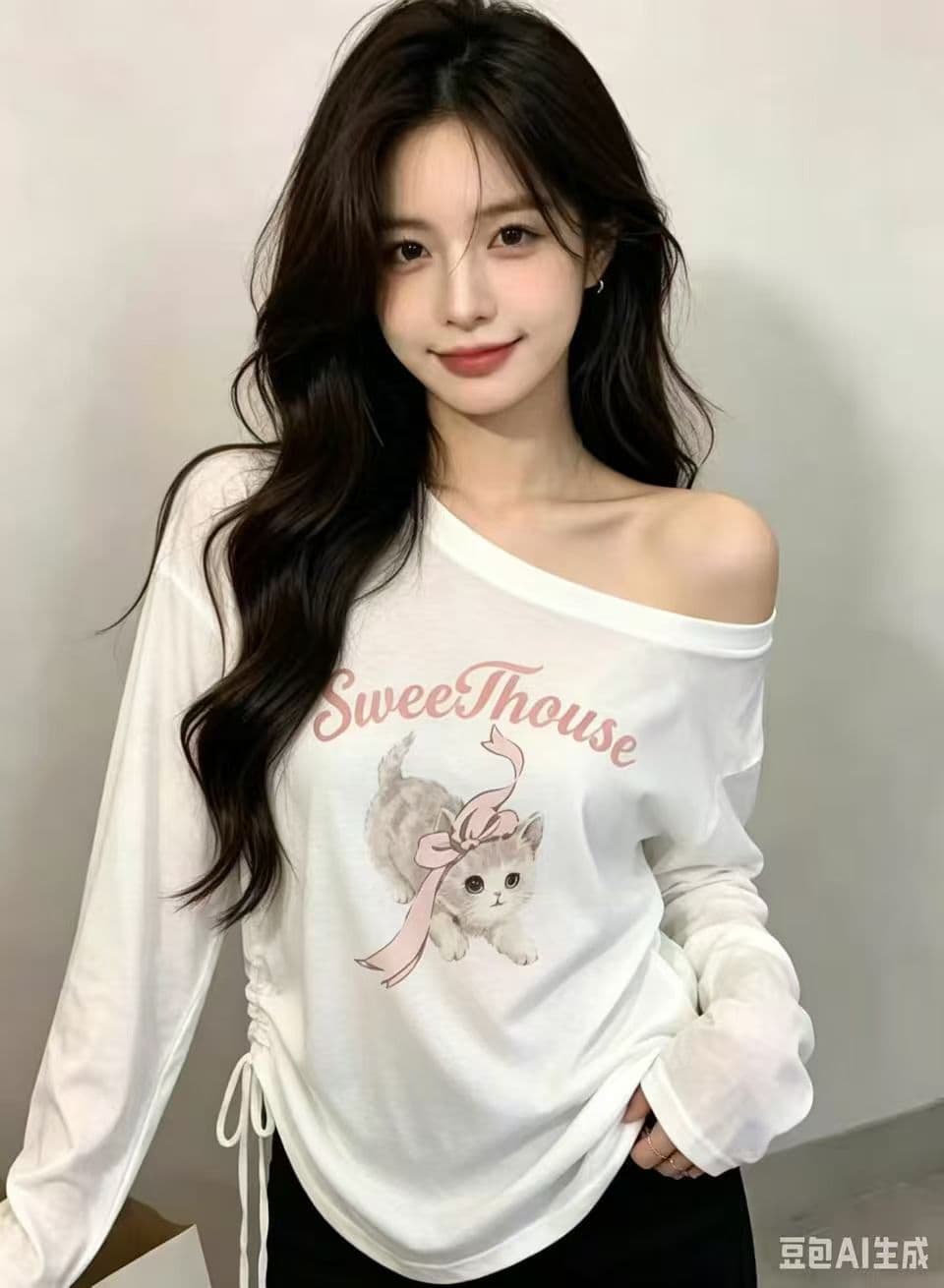 한 부서 고양이 프린트 비스듬한 어깨 티셔츠 여성 여름 측면 펌프 로프 허리 수축 달콤한 자매 바람 마이크로 ~을 통해 자외선 차단 맨위 이미지 4