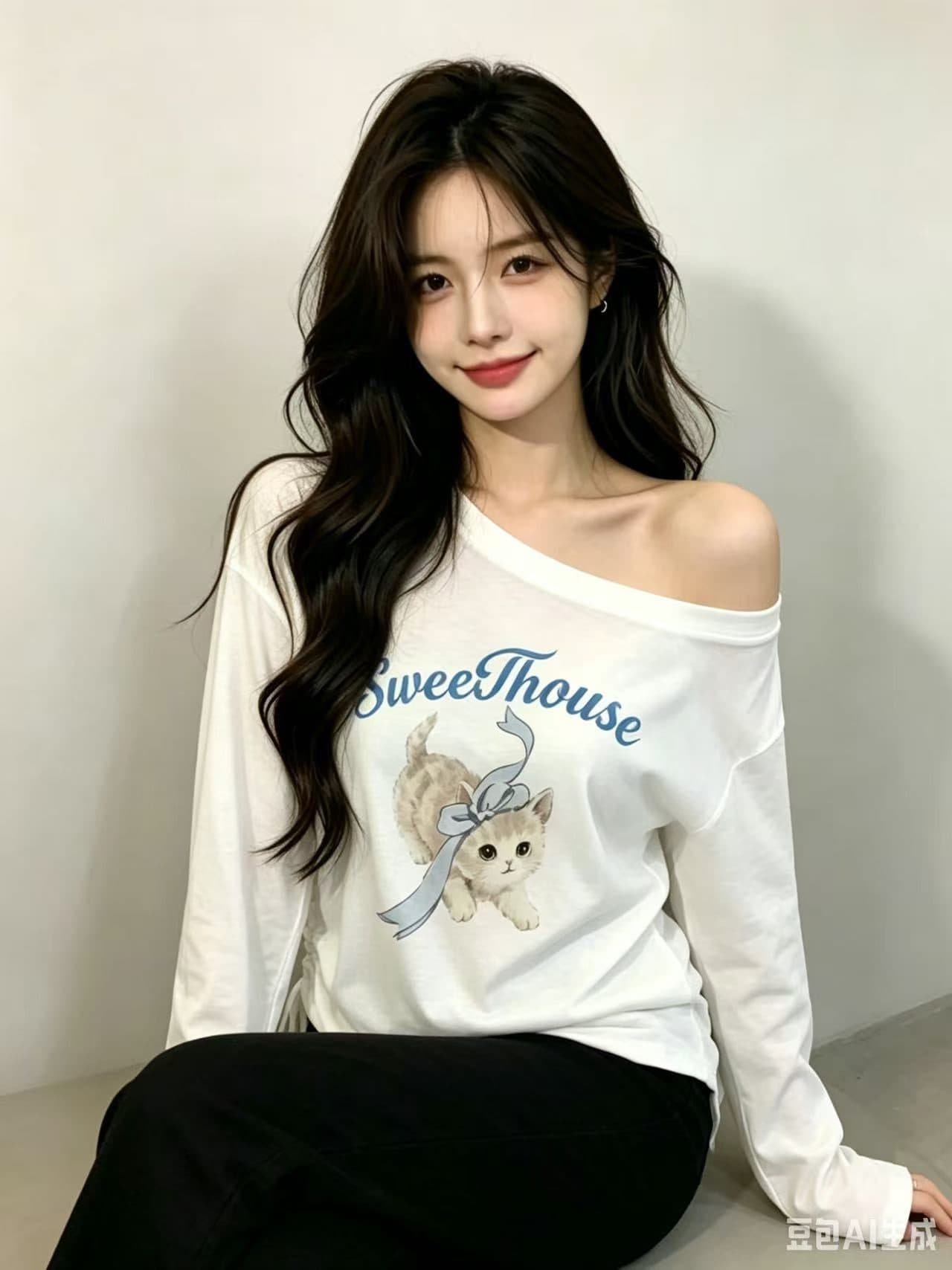 한 부서 고양이 프린트 비스듬한 어깨 티셔츠 여성 여름 측면 펌프 로프 허리 수축 달콤한 자매 바람 마이크로 ~을 통해 자외선 차단 맨위 이미지 2