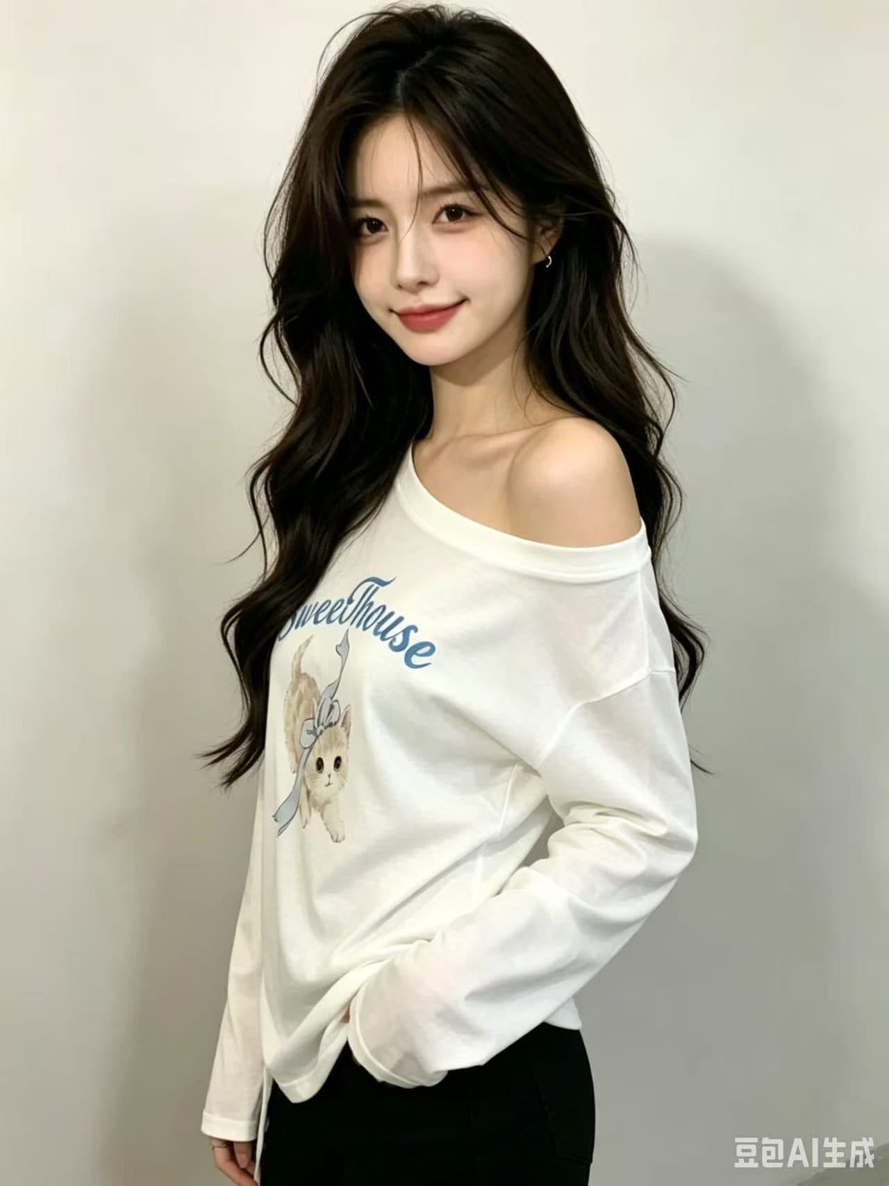 한 부서 고양이 프린트 비스듬한 어깨 티셔츠 여성 여름 측면 펌프 로프 허리 수축 달콤한 자매 바람 마이크로 ~을 통해 자외선 차단 맨위 이미지 3