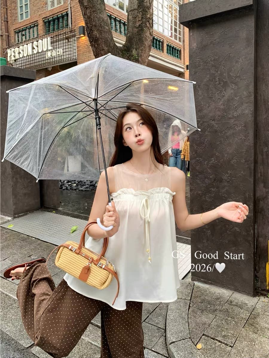 2026 봄 여름 켜기 새로운 한 부서 부드러운 달콤함 망사 패치워크 인형 작은 셔츠 여성 여름 상세 이미지 4
