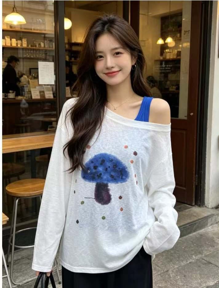 한 부서 느긋한 바람 만화 재미있는 버섯 프린트 비스듬한 어깨 긴팔 티셔츠 태양 보호 셔츠 여성 인사이드 가져 가라. 투피스 조끼 이미지 3
