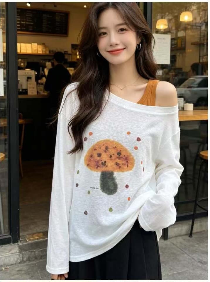 한 부서 느긋한 바람 만화 재미있는 버섯 프린트 비스듬한 어깨 긴팔 티셔츠 태양 보호 셔츠 여성 인사이드 가져 가라. 투피스 조끼 이미지 4