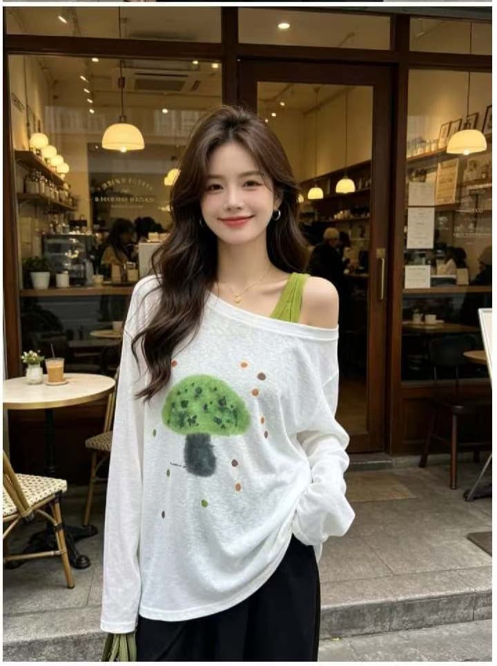 한 부서 느긋한 바람 만화 재미있는 버섯 프린트 비스듬한 어깨 긴팔 티셔츠 태양 보호 셔츠 여성 인사이드 가져 가라. 투피스 조끼 상세 이미지 1