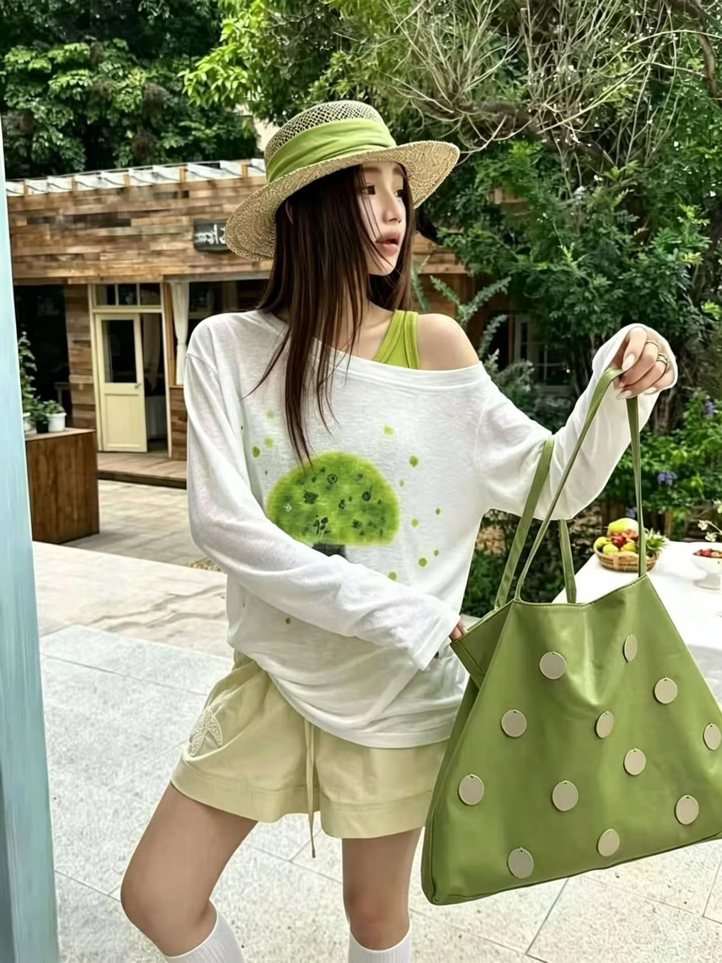 한 부서 느긋한 바람 만화 재미있는 버섯 프린트 비스듬한 어깨 긴팔 티셔츠 태양 보호 셔츠 여성 인사이드 가져 가라. 투피스 조끼 상세 이미지 4