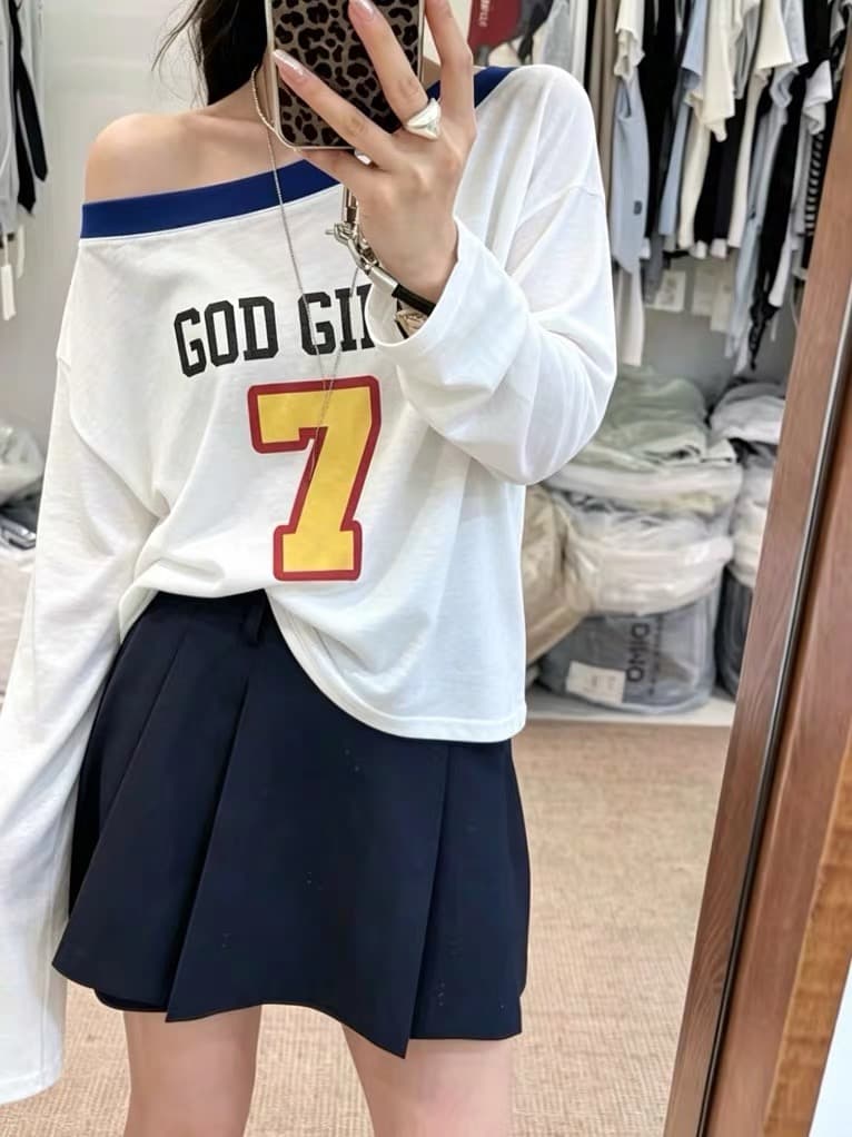 여름 새로운 한국 스타일 루즈핏 시간 아직도 느낌 다용도 슬림해 보이는 외국 가스 오프숄더 배색 긴팔 자외선 차단 티셔츠 여성 트렌디 상세 이미지 1