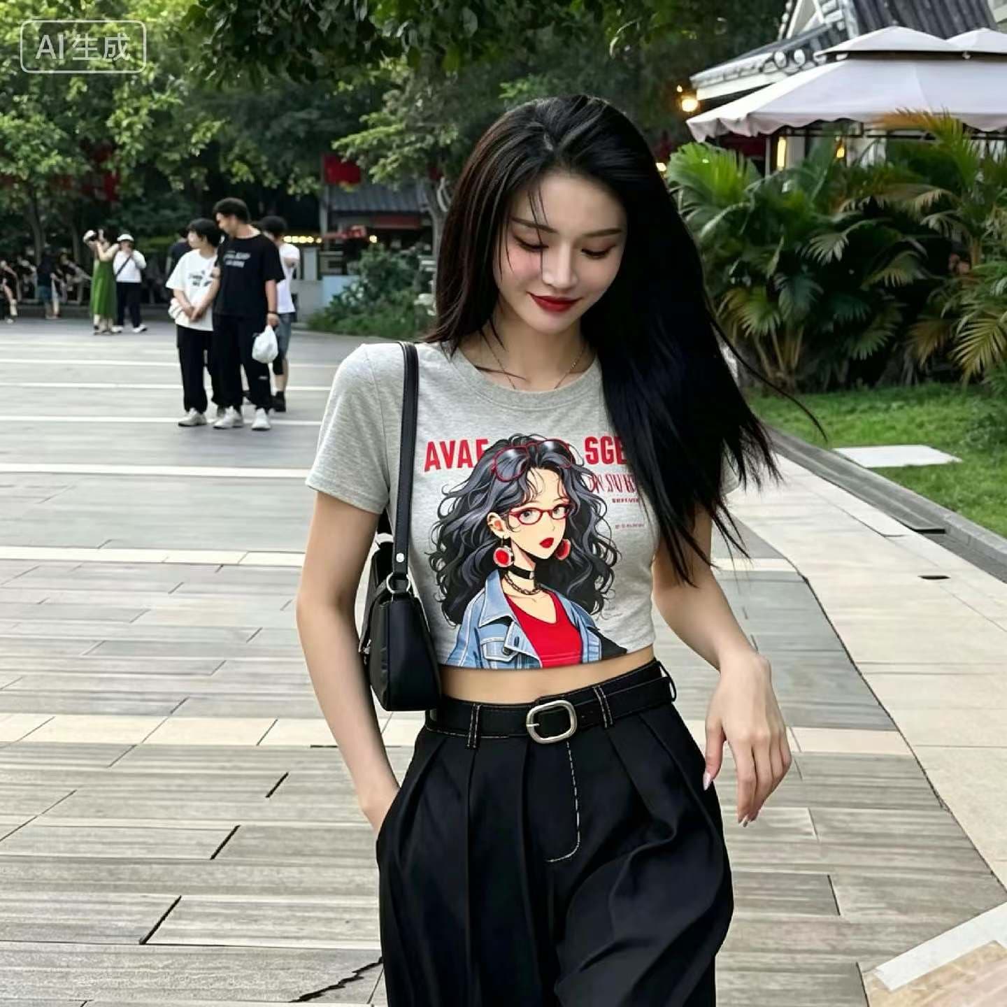 반팔 여성 티셔츠 여름 새로운 아메리칸 레트로 라운드 넥 만화 소녀 슬림해 보이는 쇼트 스타일 핫걸 긍정적 인 어깨 의류 이미지 3