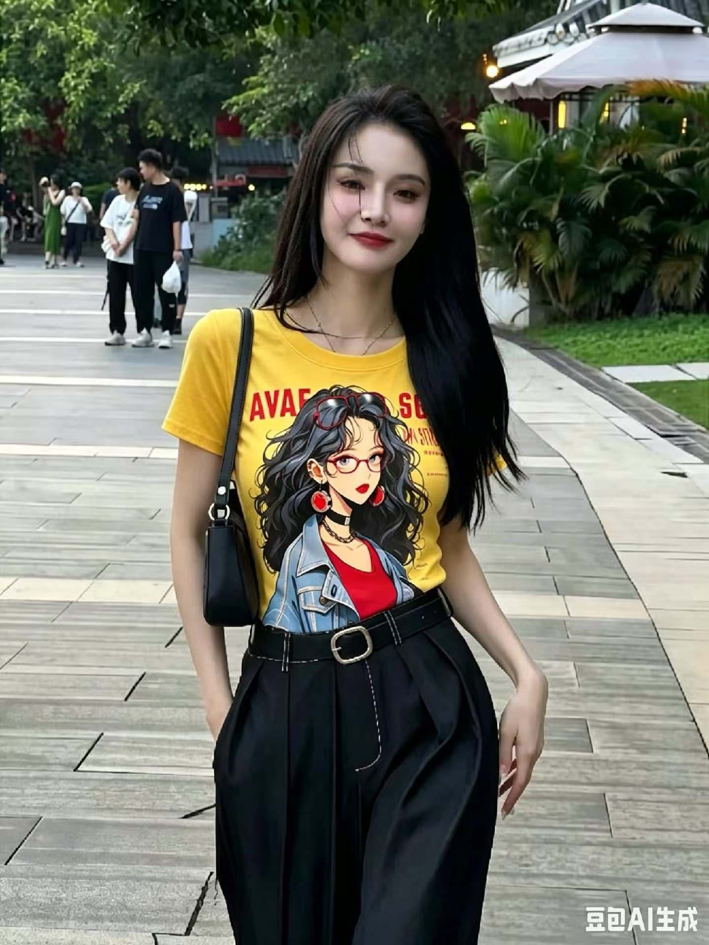 반팔 여성 티셔츠 여름 새로운 아메리칸 레트로 라운드 넥 만화 소녀 슬림해 보이는 쇼트 스타일 핫걸 긍정적 인 어깨 의류 상세 이미지 1