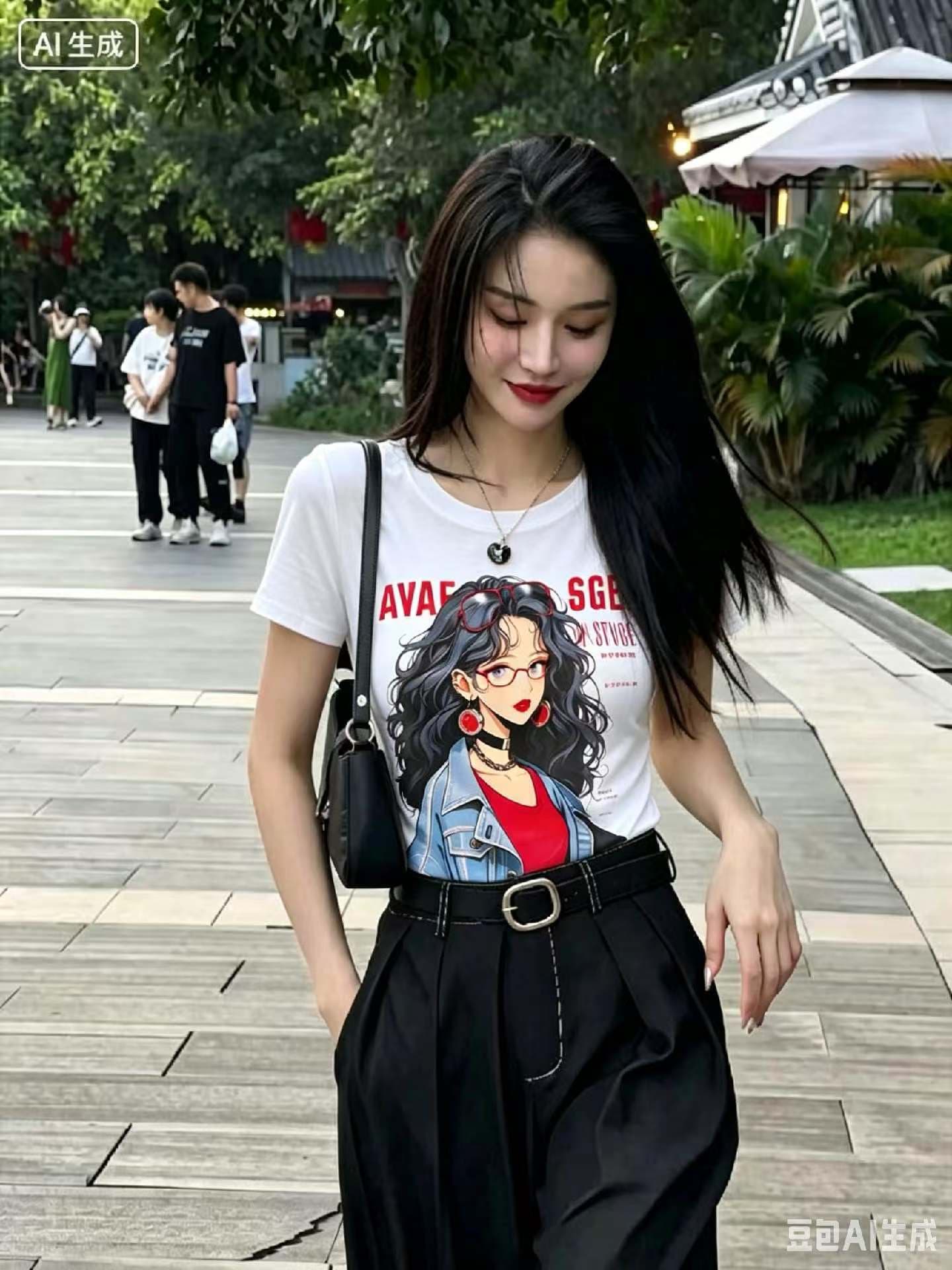 반팔 여성 티셔츠 여름 새로운 아메리칸 레트로 라운드 넥 만화 소녀 슬림해 보이는 쇼트 스타일 핫걸 긍정적 인 어깨 의류 상세 이미지 2