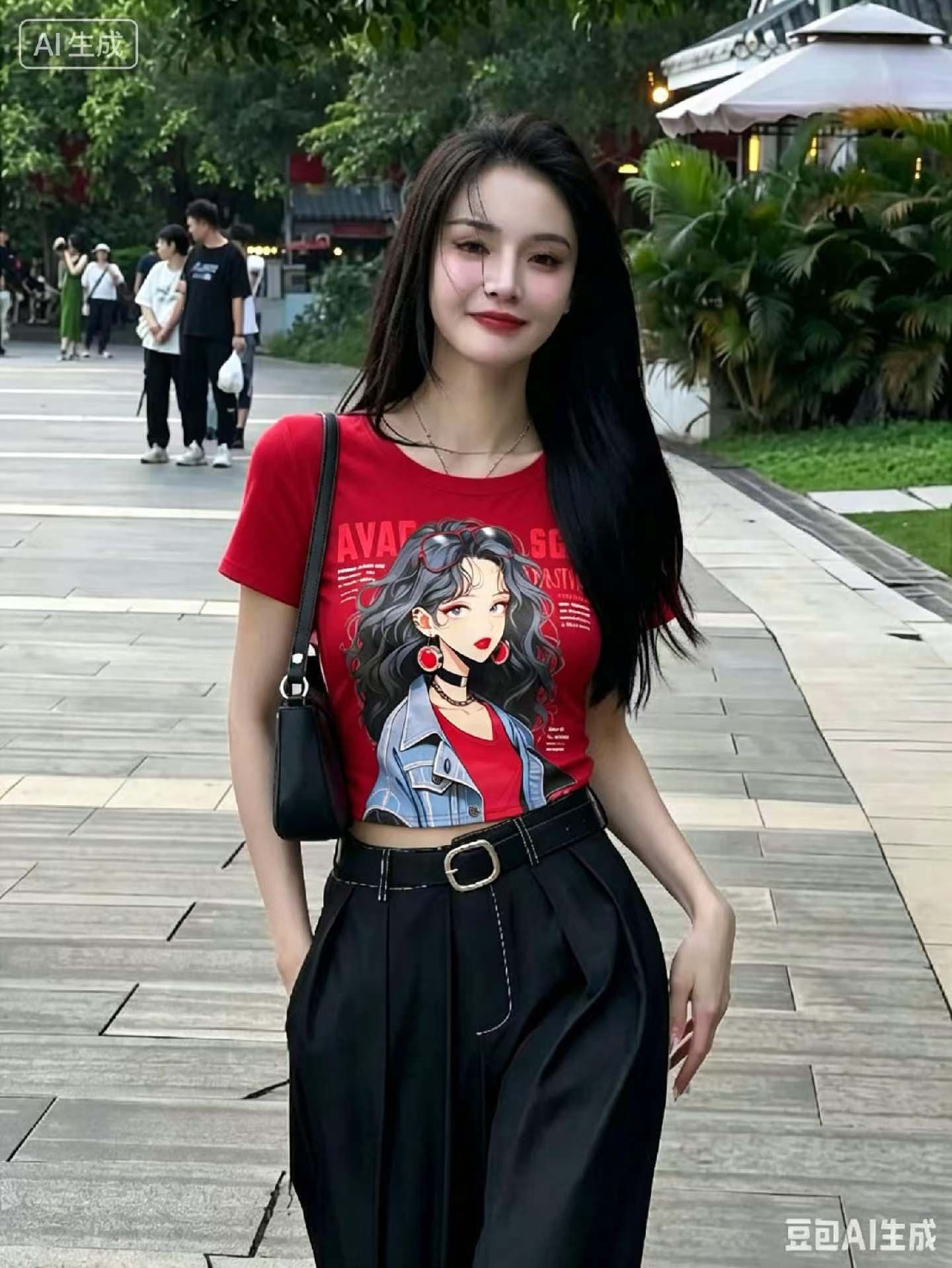반팔 여성 티셔츠 여름 새로운 아메리칸 레트로 라운드 넥 만화 소녀 슬림해 보이는 쇼트 스타일 핫걸 긍정적 인 어깨 의류 상세 이미지 4