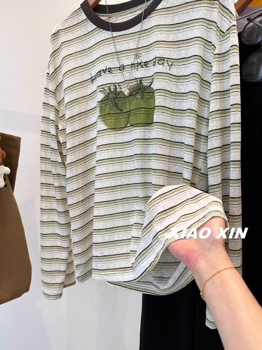 2026 여름 라운드 넥 녹색 스트라이프 프린트 녹색 토마토 슈퍼 얇은 스타일 자외선 차단 의류 루즈핏 슬림해 보이는 티셔츠 여성 셔츠 이미지 3