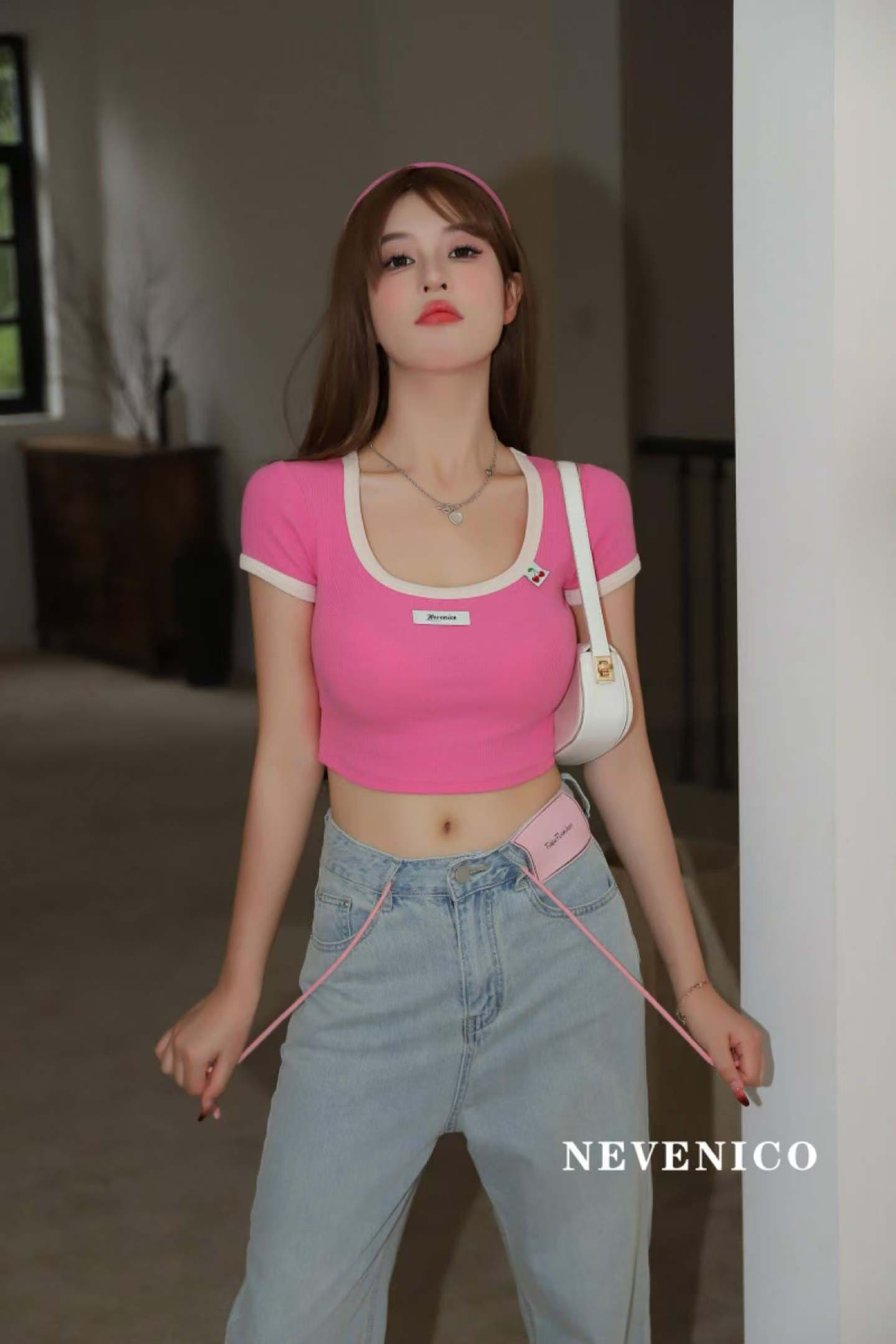 2026 봄 여름 새로운 체리 표준 배색 테두리 광장 칼라 반팔 티셔츠 여성 몸매 가꾸기 슬림해 보이는 짧은 맨위 상세 이미지 6