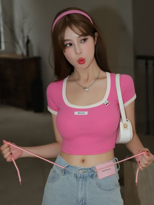 2026 봄 여름 새로운 체리 표준 배색 테두리 광장 칼라 반팔 티셔츠 여성 몸매 가꾸기 슬림해 보이는 짧은 맨위 상세 이미지 7