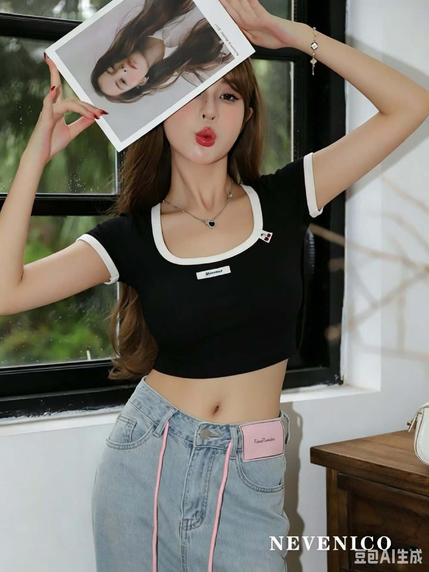 2026 봄 여름 새로운 체리 표준 배색 테두리 광장 칼라 반팔 티셔츠 여성 몸매 가꾸기 슬림해 보이는 짧은 맨위 상세 이미지 14