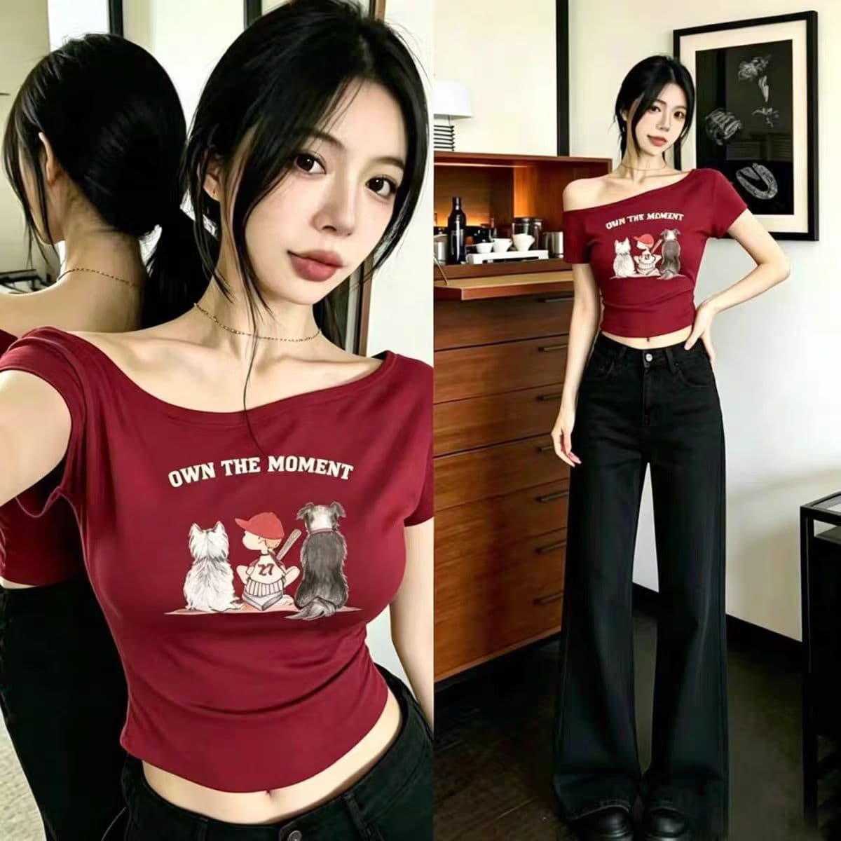 아메리칸 몸매 가꾸기 슬림해 보이는 만화 프린트 오프숄더 반팔 티셔츠 여성 여름 새로운 비스듬한 칼라 맨위 상세 이미지 5