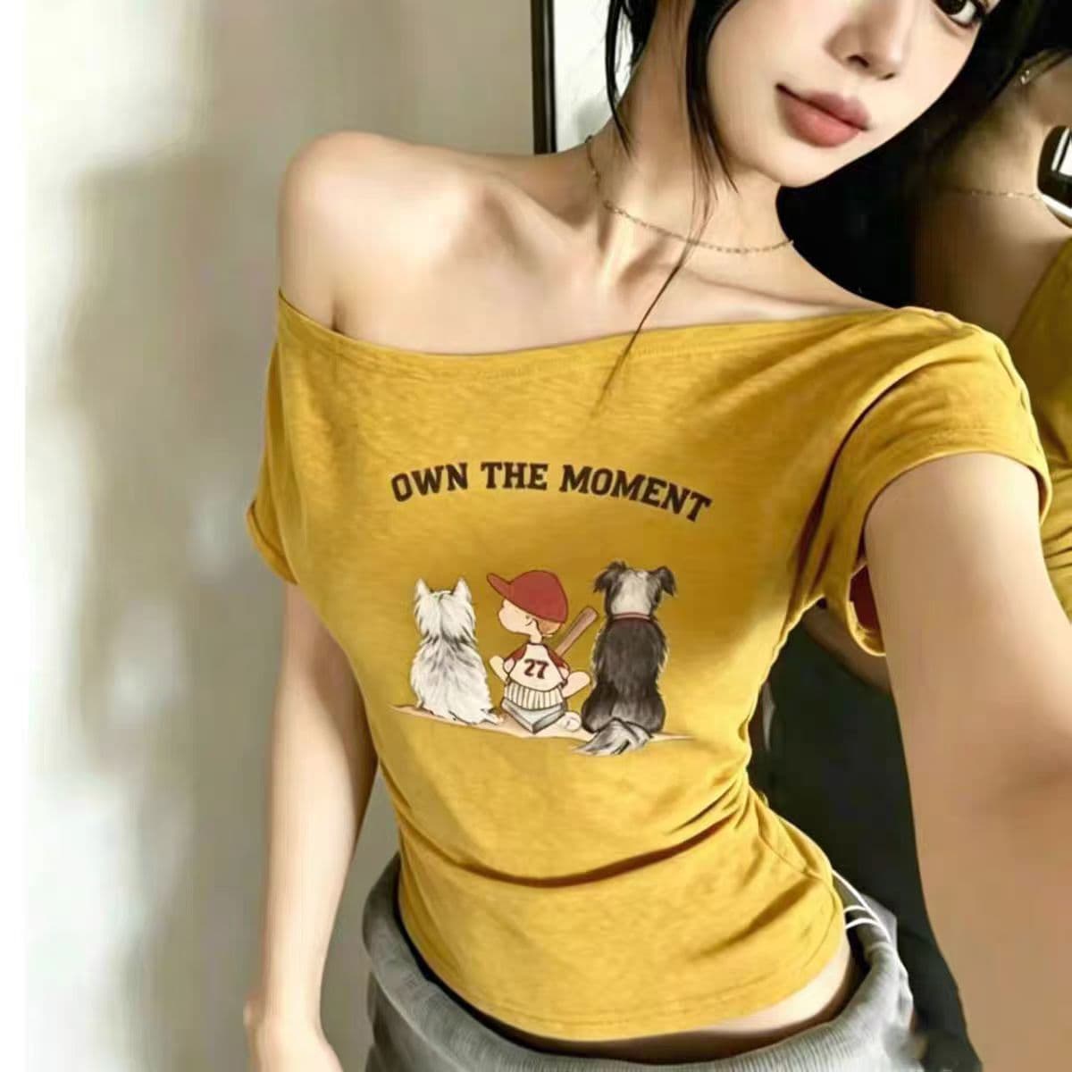 아메리칸 몸매 가꾸기 슬림해 보이는 만화 프린트 오프숄더 반팔 티셔츠 여성 여름 새로운 비스듬한 칼라 맨위 상세 이미지 6