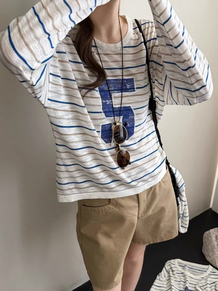 스트라이프 자외선 차단 블라우스 여성 여름 새로운 얇은 스타일 한국 스타일 얼음 실크 긴팔 티셔츠 루즈핏 외부 가져 가라. 동정 여성 셔츠 이미지 3