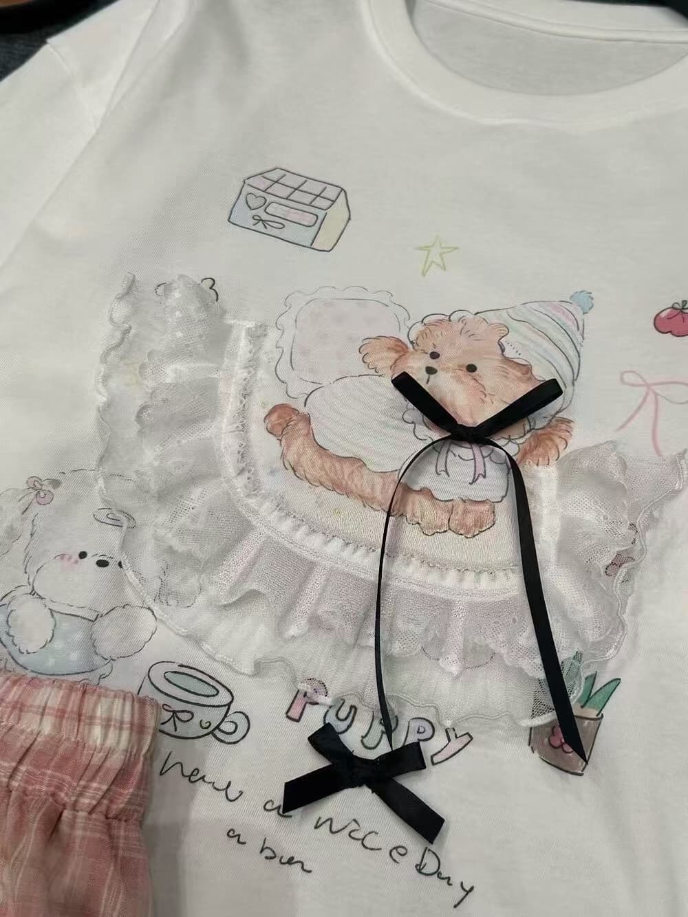 디자인 센스 3 차원 레이스 스프레이 회화 재미있는 작은 곰 대 에디션 반팔 티셔츠 여성 루즈핏 맨위 트렌디 상세 이미지 6