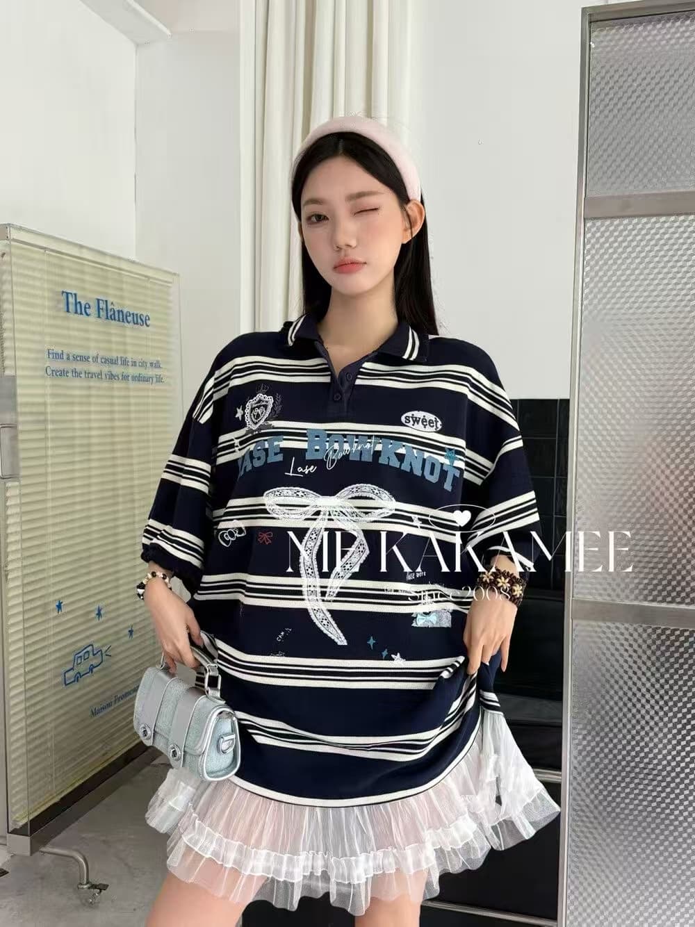 2026 봄 여름 새로운 한 나비 매듭 패치워크 레이스 밑단 무거운 작업 POLO 칼라 반팔 티셔츠 드레스 이미지 4