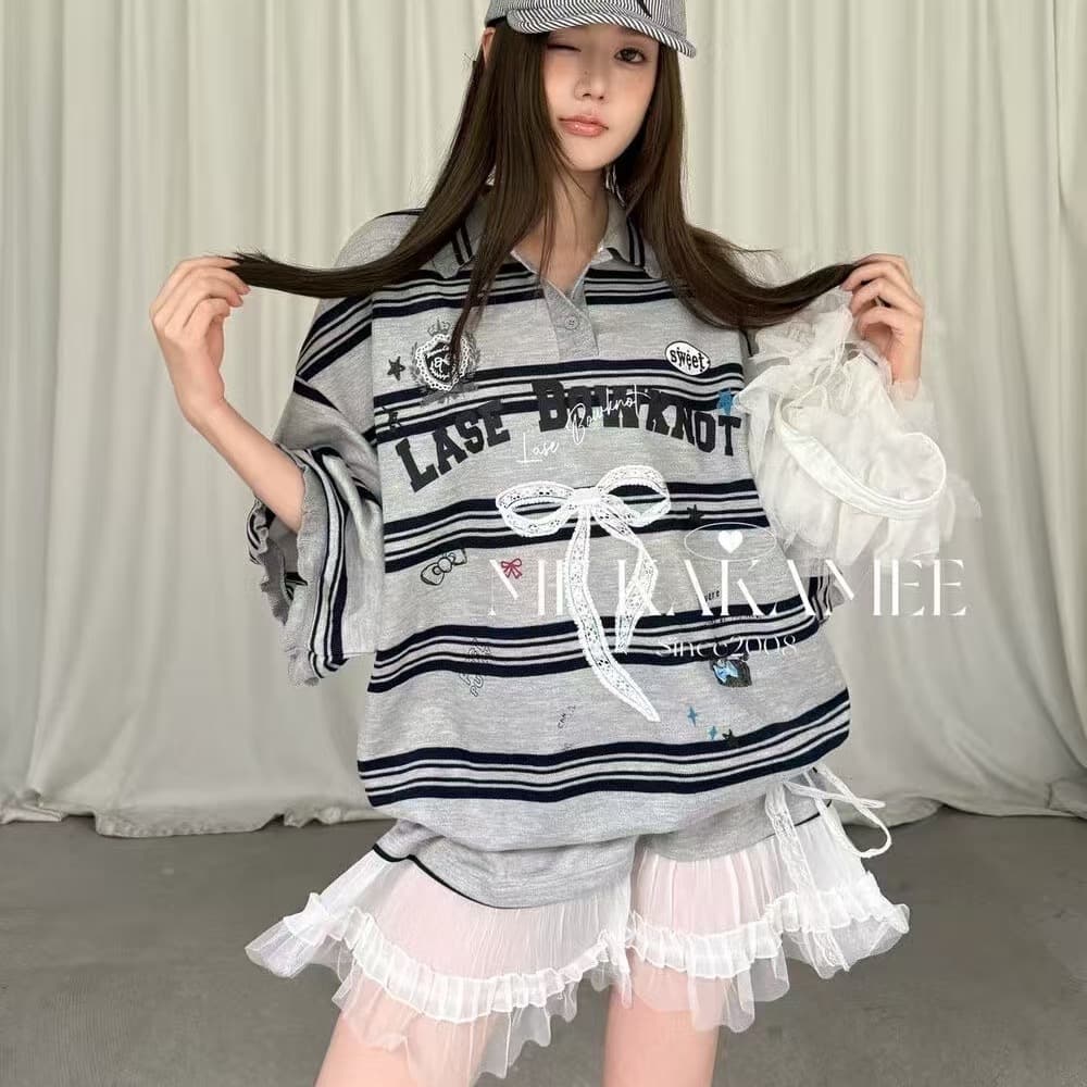 2026 봄 여름 새로운 한 나비 매듭 패치워크 레이스 밑단 무거운 작업 POLO 칼라 반팔 티셔츠 드레스 이미지 6