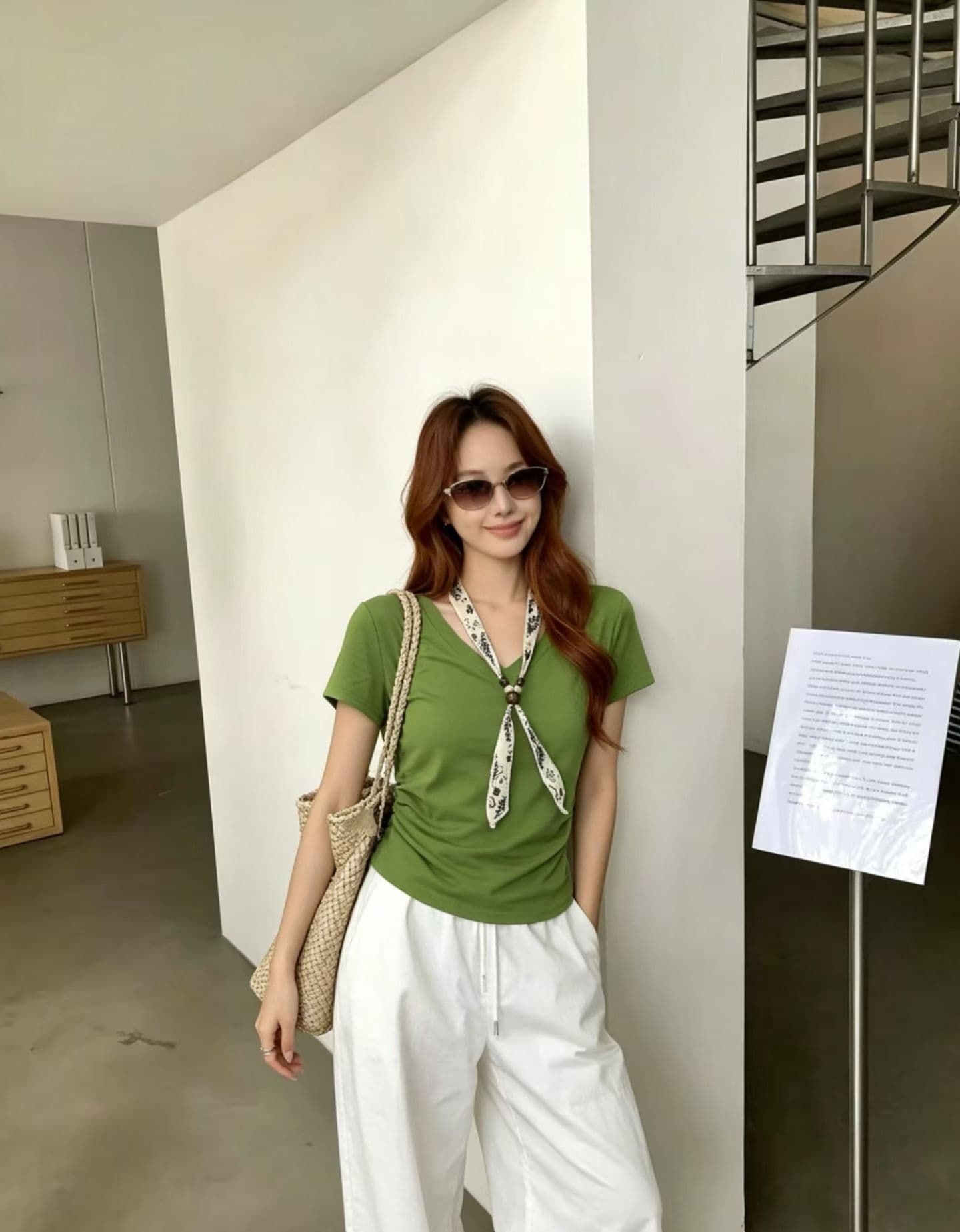 여성 의류 디자인 센스 스카프 V넥 긍정적 인 어깨 반팔 티셔츠 여성 2026 여름 꼬집기 허리 슬림해 보이는 맨위 여성 상세 이미지 6