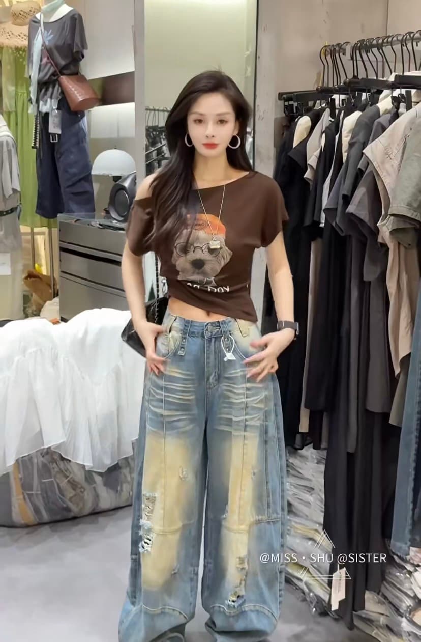 아메리칸 몸매 가꾸기 슬림해 보이는 강아지 프린트 비스듬한 어깨 반팔 티셔츠 여성 여름 새로운 맨위 이미지 3