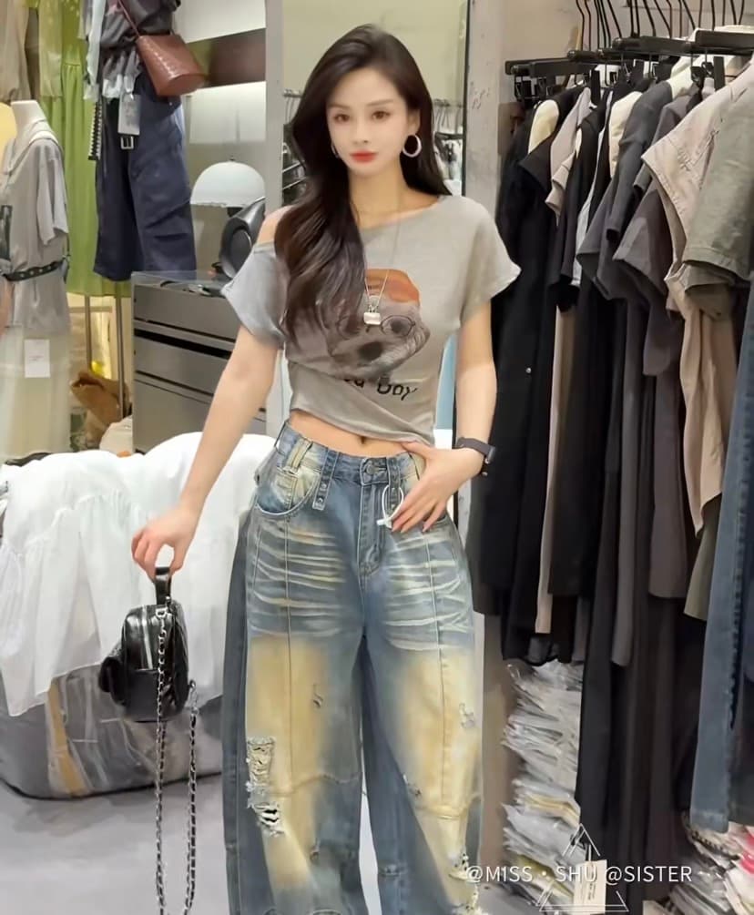 아메리칸 몸매 가꾸기 슬림해 보이는 강아지 프린트 비스듬한 어깨 반팔 티셔츠 여성 여름 새로운 맨위 상세 이미지 1