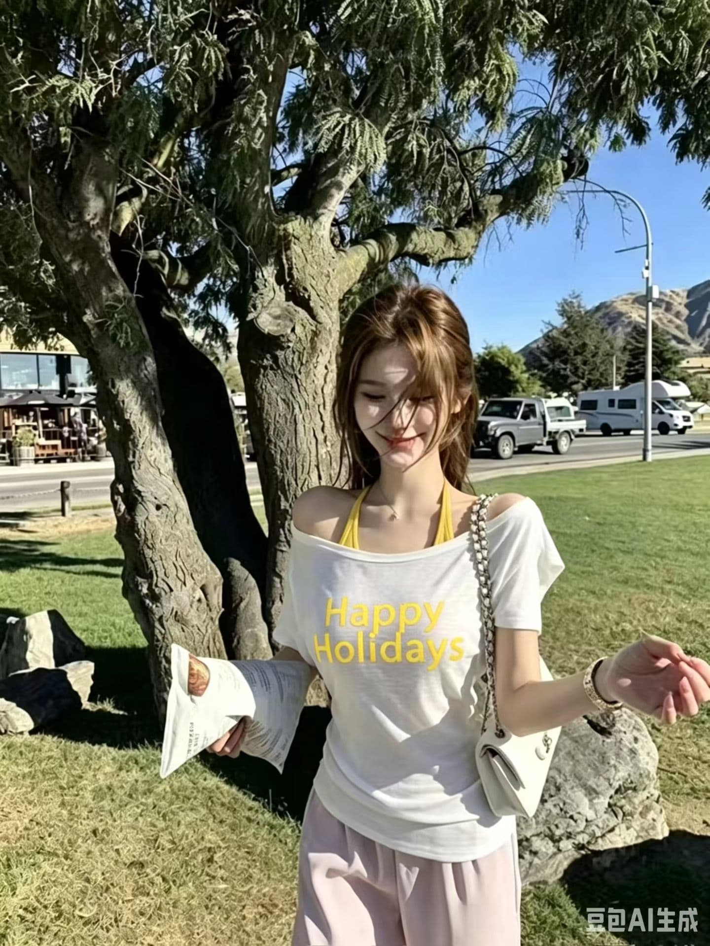 26 여름 켜기 새로운 알파벳 프린트 쇼트 스타일 작은 셔츠 벨트 고정 가슴 패드 행침 목 투피스 조끼 세트 상세 이미지 7