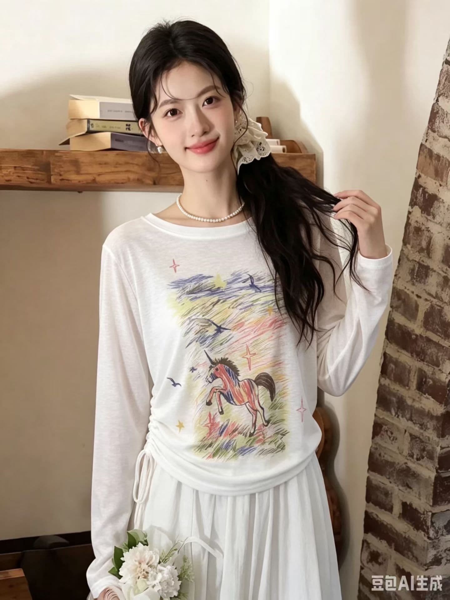 작은 말 프린트 긴팔 티셔츠 맨위 여성 여름 새로운 올해 인기 펌프 로프 주름 에어컨 자외선 차단 블라우스