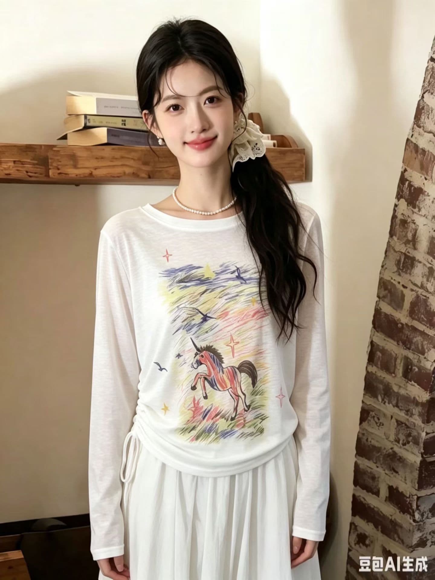 작은 말 프린트 긴팔 티셔츠 맨위 여성 여름 새로운 올해 인기 펌프 로프 주름 에어컨 자외선 차단 블라우스 이미지 2