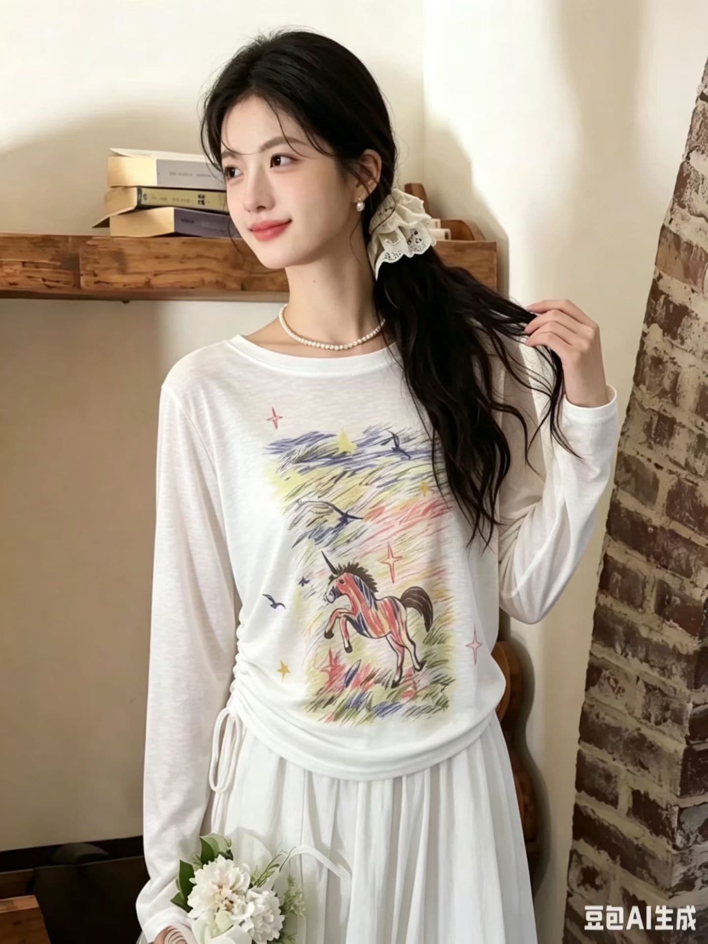 작은 말 프린트 긴팔 티셔츠 맨위 여성 여름 새로운 올해 인기 펌프 로프 주름 에어컨 자외선 차단 블라우스 상세 이미지 1