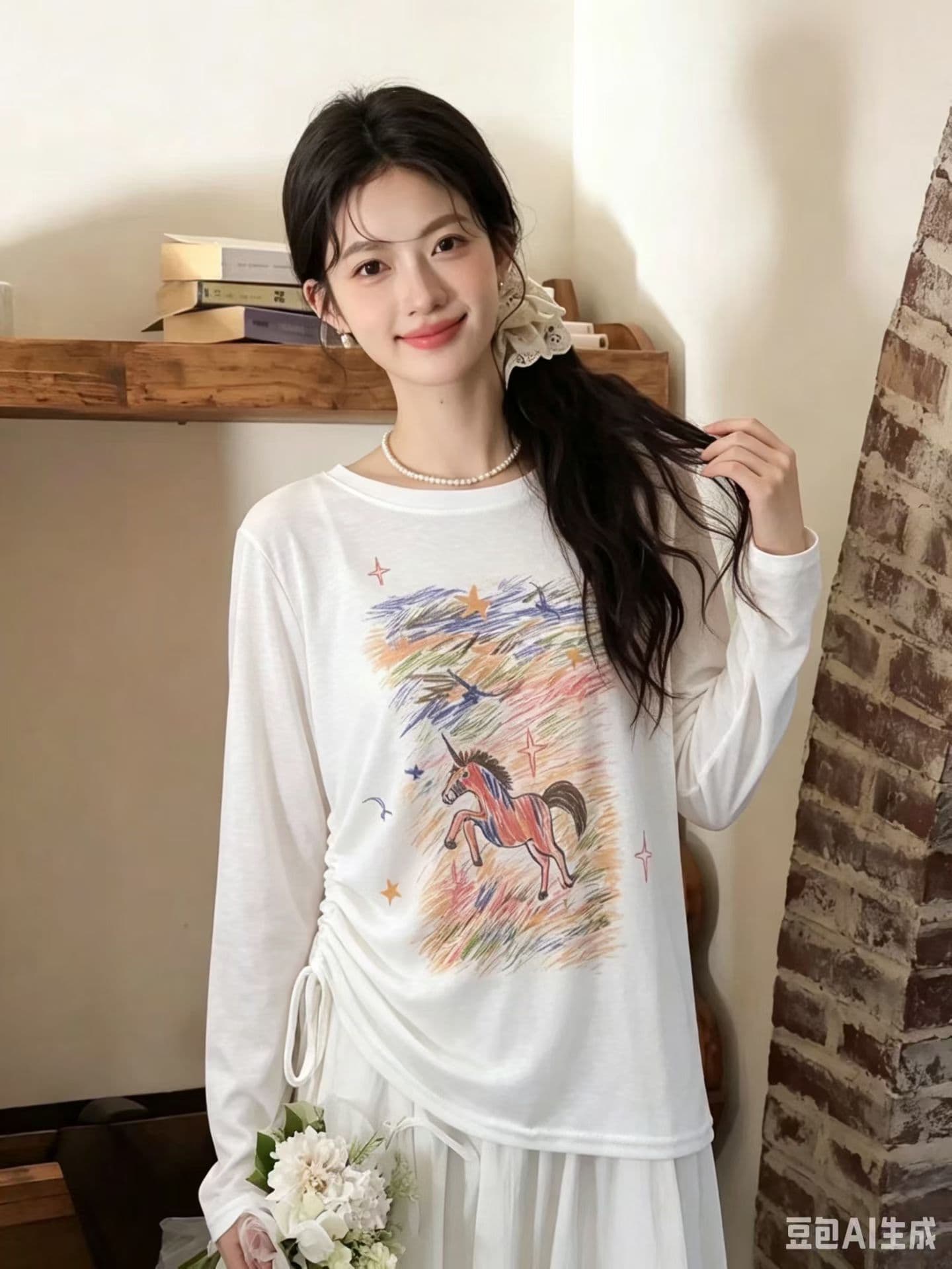 작은 말 프린트 긴팔 티셔츠 맨위 여성 여름 새로운 올해 인기 펌프 로프 주름 에어컨 자외선 차단 블라우스 상세 이미지 2