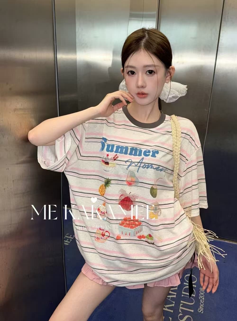 아메리칸 레트로 반팔 티셔츠 여성 26 새로운 여름 루즈핏 대 에디션 차가운 여름 과일 채 사출하다 맨위 상세 이미지 4