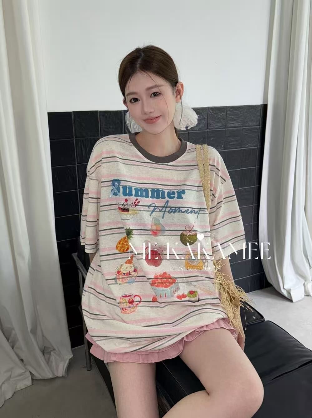 아메리칸 레트로 반팔 티셔츠 여성 26 새로운 여름 루즈핏 대 에디션 차가운 여름 과일 채 사출하다 맨위 상세 이미지 6