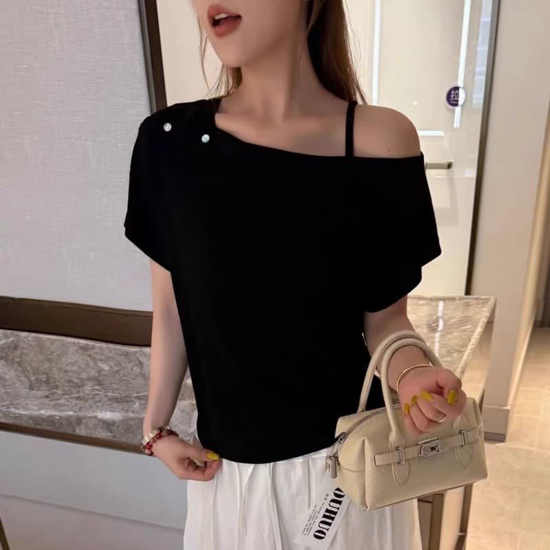 행침 물품 2026 년 여름 새로운 한국 스타일 디자인 센스 오프숄더 슬립 스트라이프 반팔 여성 셔츠 외국 가스 맨위 이미지 5