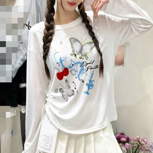 열세 개 새로운 패션 라운드 넥 만화 프린트 펌프 로프 태양 보호 셔츠 루즈핏 동정 맨위 여성