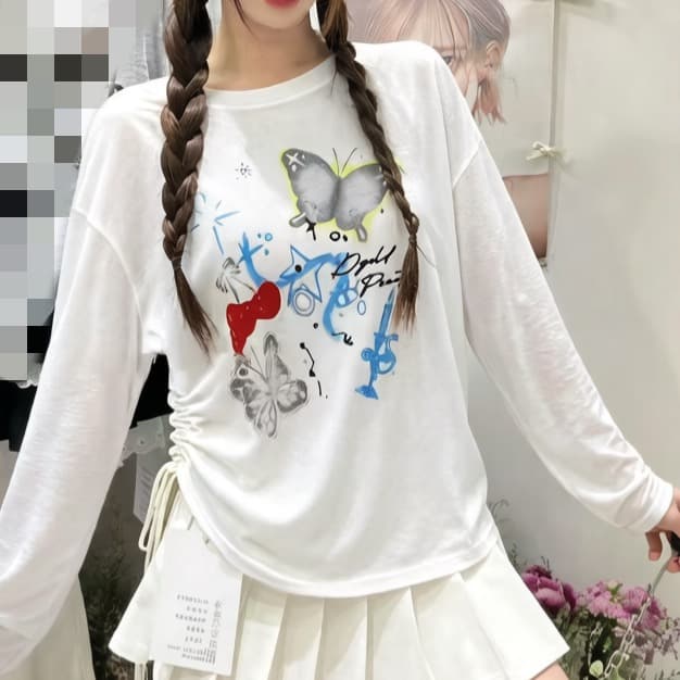 열세 개 새로운 패션 라운드 넥 만화 프린트 펌프 로프 태양 보호 셔츠 루즈핏 동정 맨위 여성 상세 이미지 2