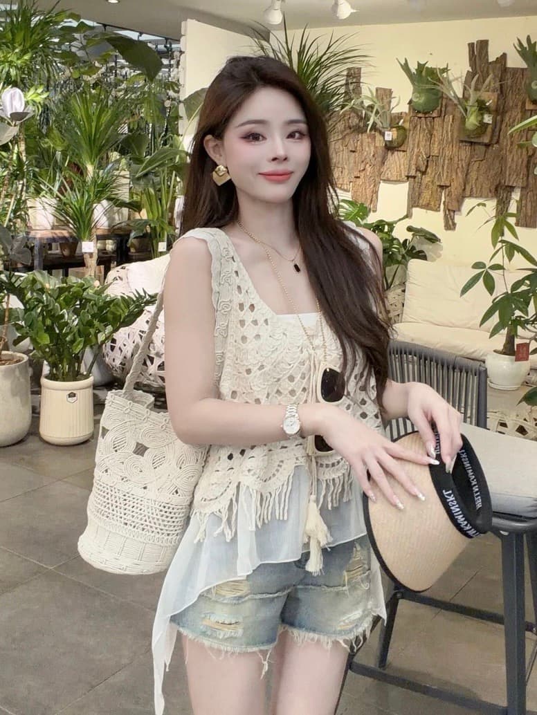 한 부서 여름 새로운 무거운 작업 홀로우 아웃 자수 술 패치워크 리본 슬림해 보이는 슬립 니트 패션 고급 맨위 상세 이미지 2