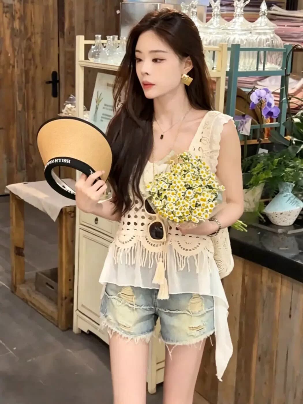 한 부서 여름 새로운 무거운 작업 홀로우 아웃 자수 술 패치워크 리본 슬림해 보이는 슬립 니트 패션 고급 맨위 상세 이미지 3