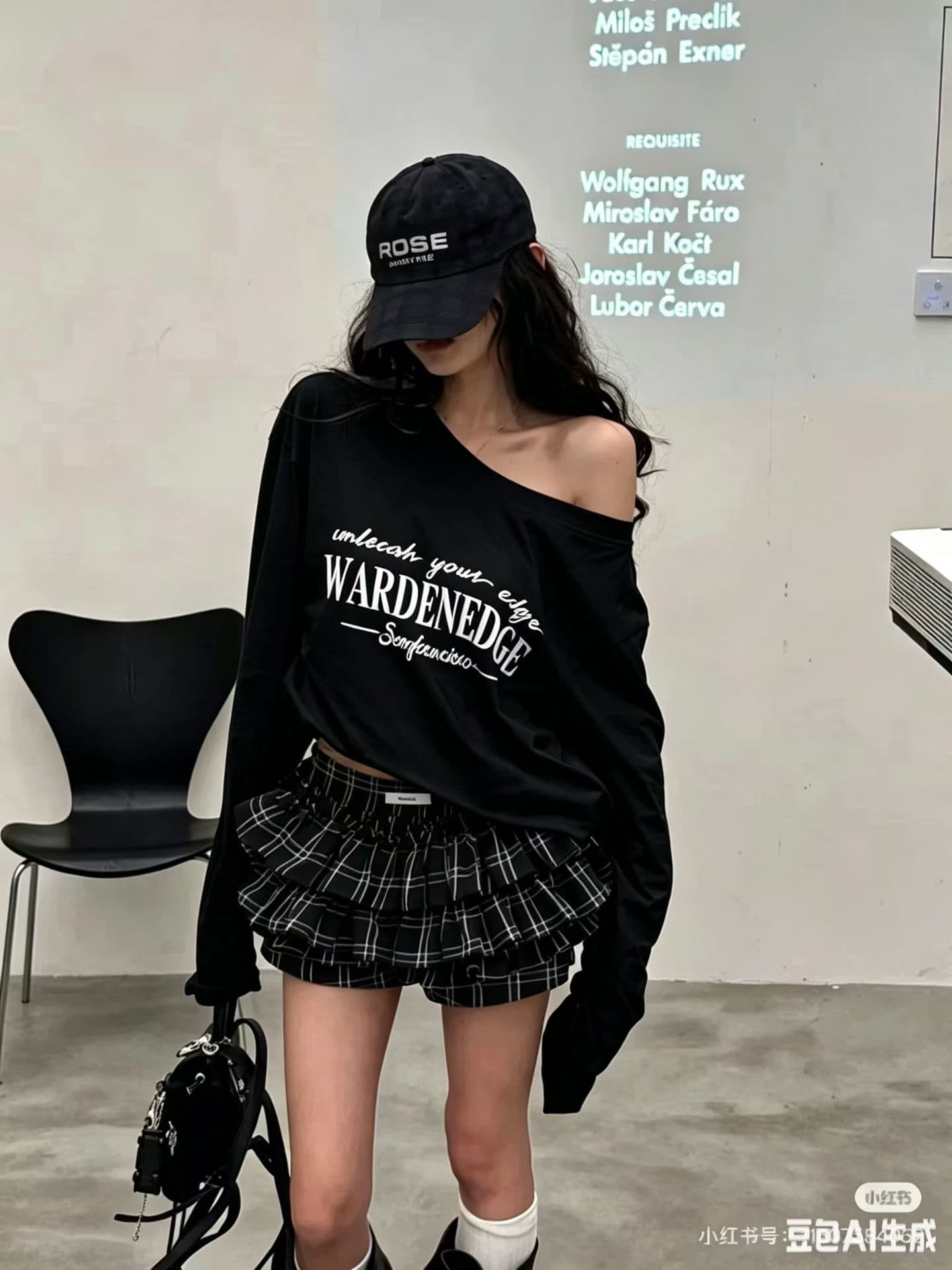 패션 다용도 루즈핏 슬림해 보이는 알파벳 프린트 비스듬한 어깨 밑단 거친 가장자리 긴팔 자외선 차단 티셔츠 여성 이미지 2