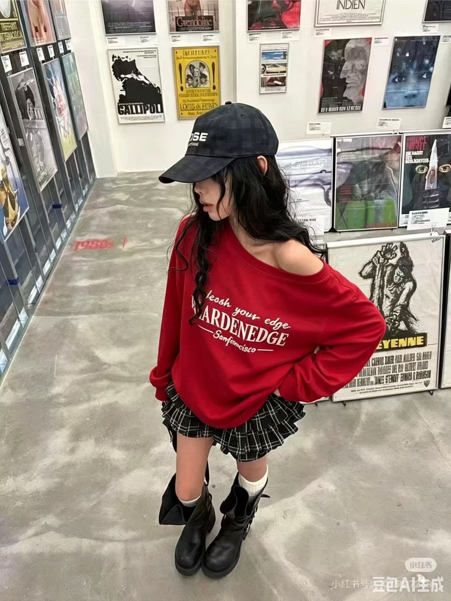 패션 다용도 루즈핏 슬림해 보이는 알파벳 프린트 비스듬한 어깨 밑단 거친 가장자리 긴팔 자외선 차단 티셔츠 여성 상세 이미지 4