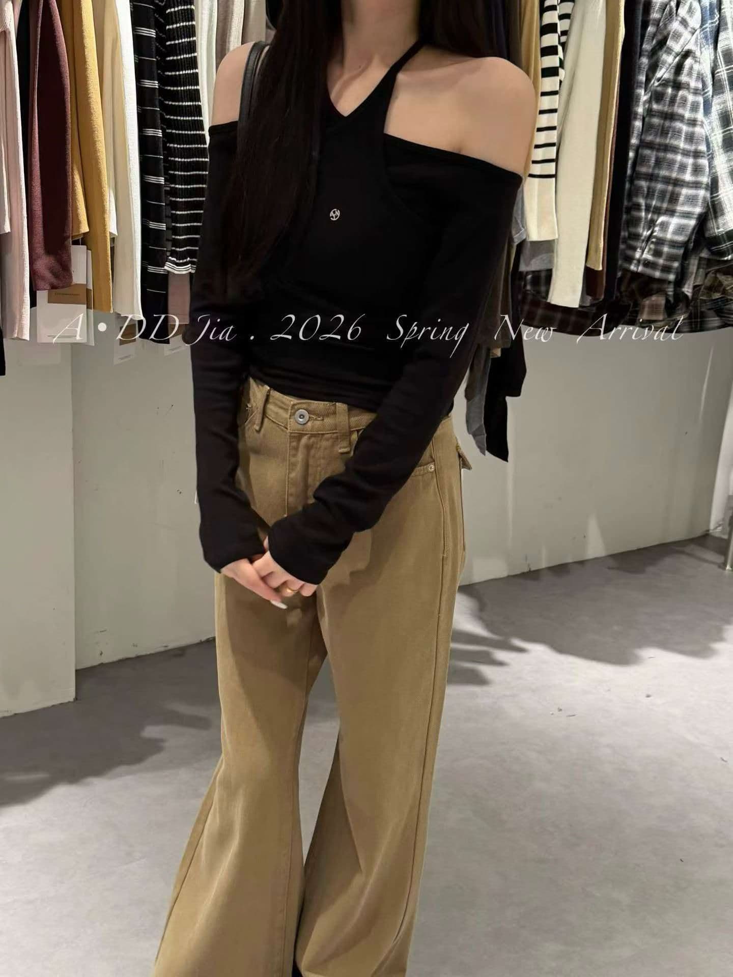 가을 새로운 한 부서 순수한 욕망 바람 행침 목 슬립 페이크 레이어드 티셔츠 핫걸 오프숄더 긴팔 맨위 이미지 4