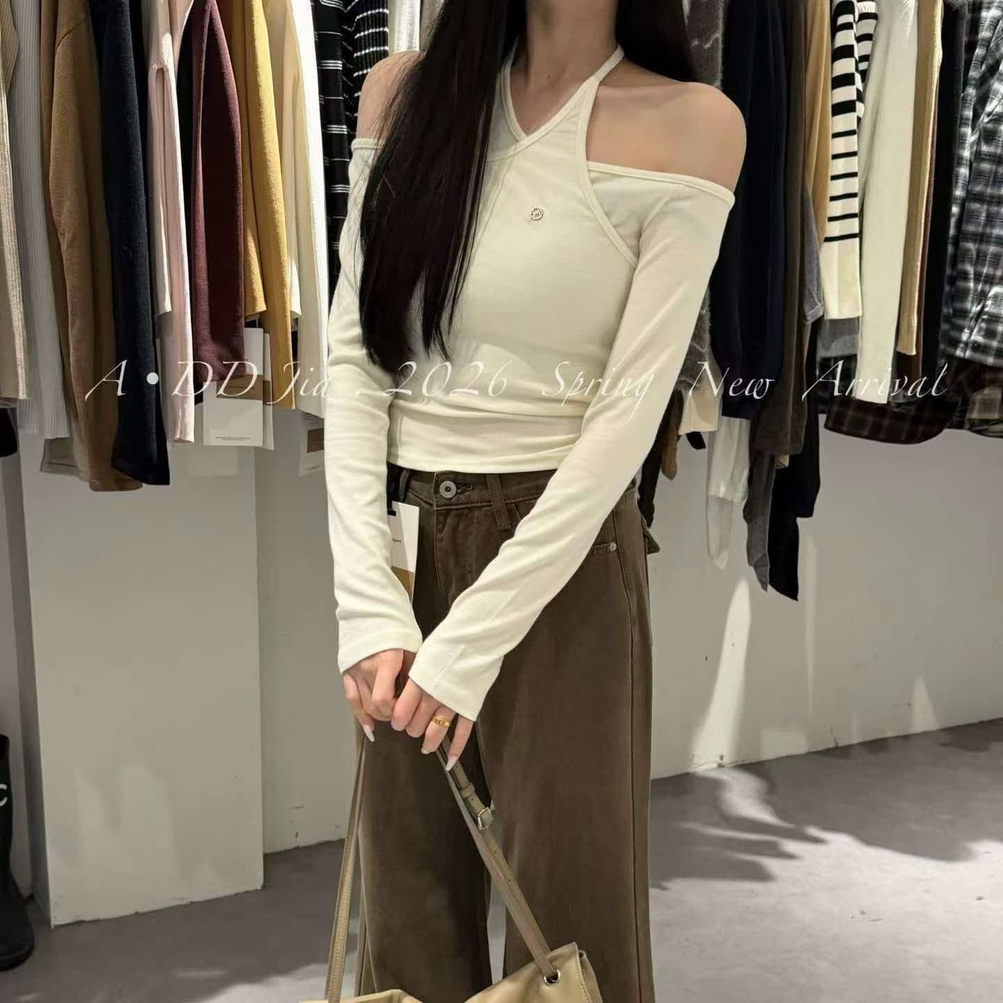 가을 새로운 한 부서 순수한 욕망 바람 행침 목 슬립 페이크 레이어드 티셔츠 핫걸 오프숄더 긴팔 맨위 이미지 6