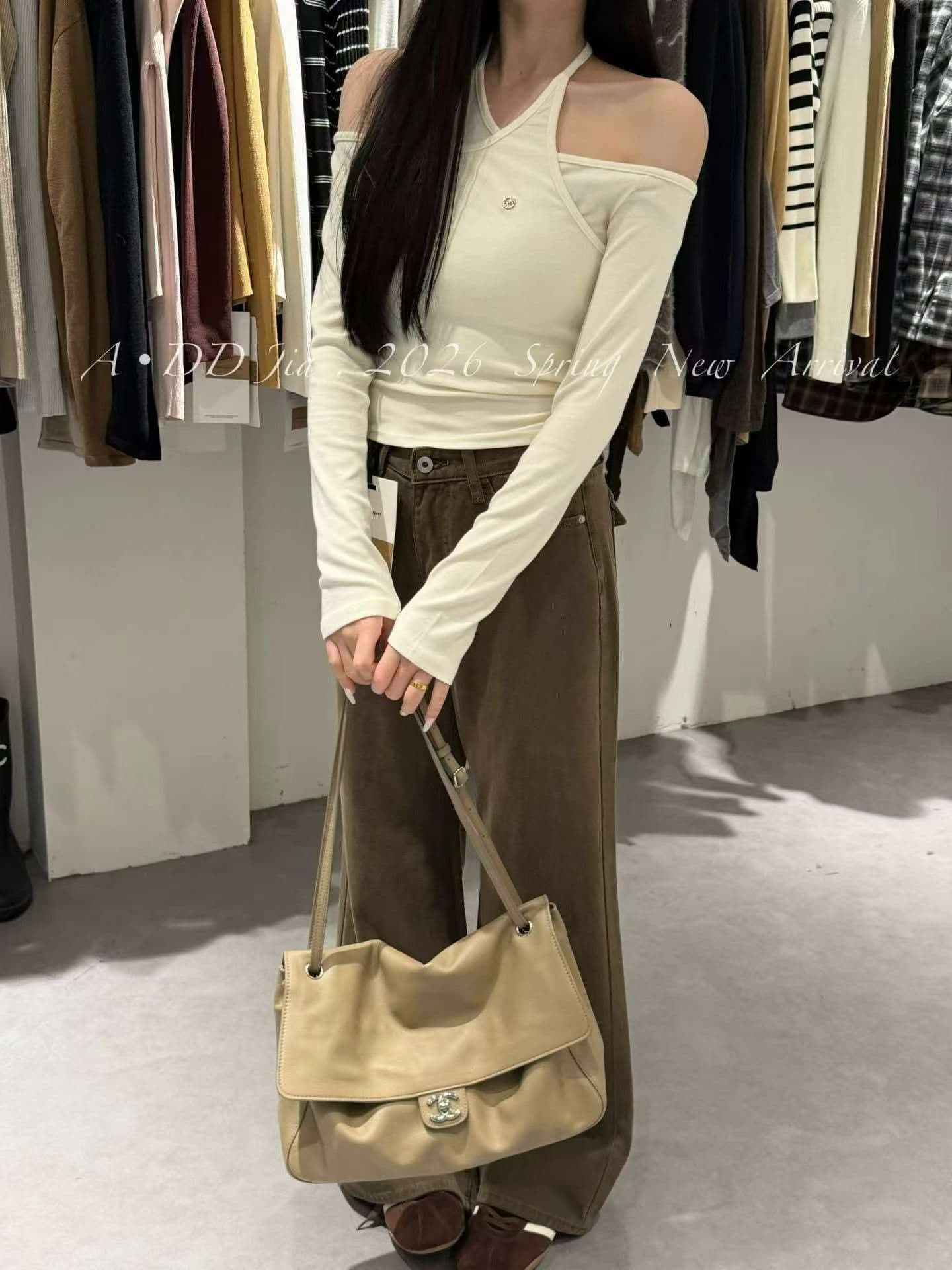 가을 새로운 한 부서 순수한 욕망 바람 행침 목 슬립 페이크 레이어드 티셔츠 핫걸 오프숄더 긴팔 맨위 상세 이미지 2