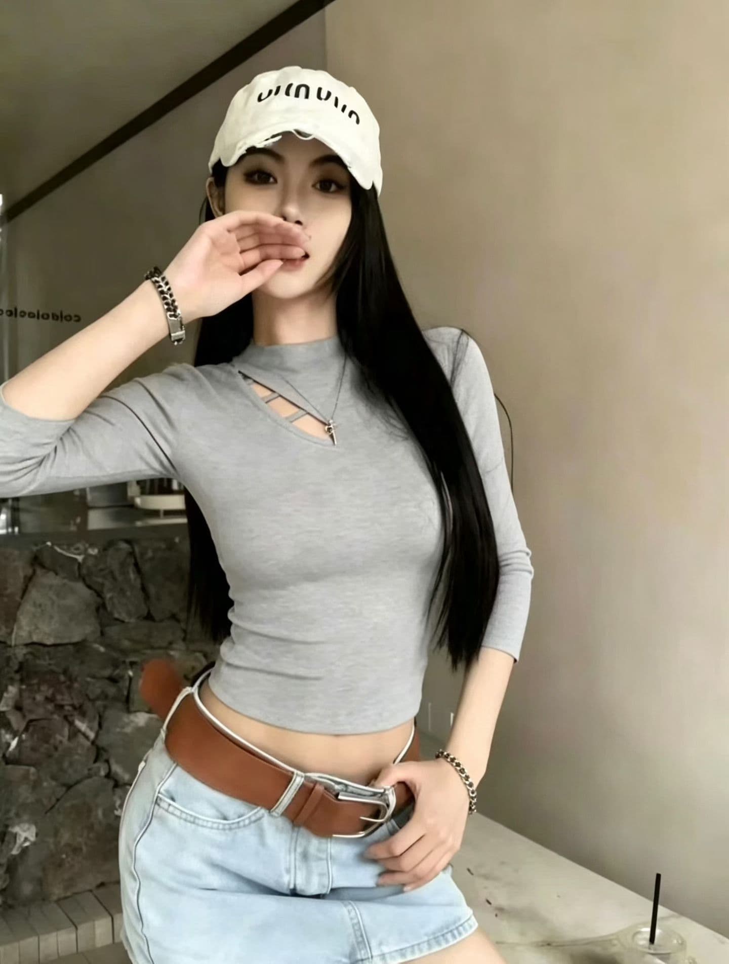 순수한 욕망 심장 기계 홀로우 아웃 반하이넥 중간 소매 기본 셔츠 여성 몸매 가꾸기 슬림해 보이는 기본 셔츠 맨위 상세 이미지 3