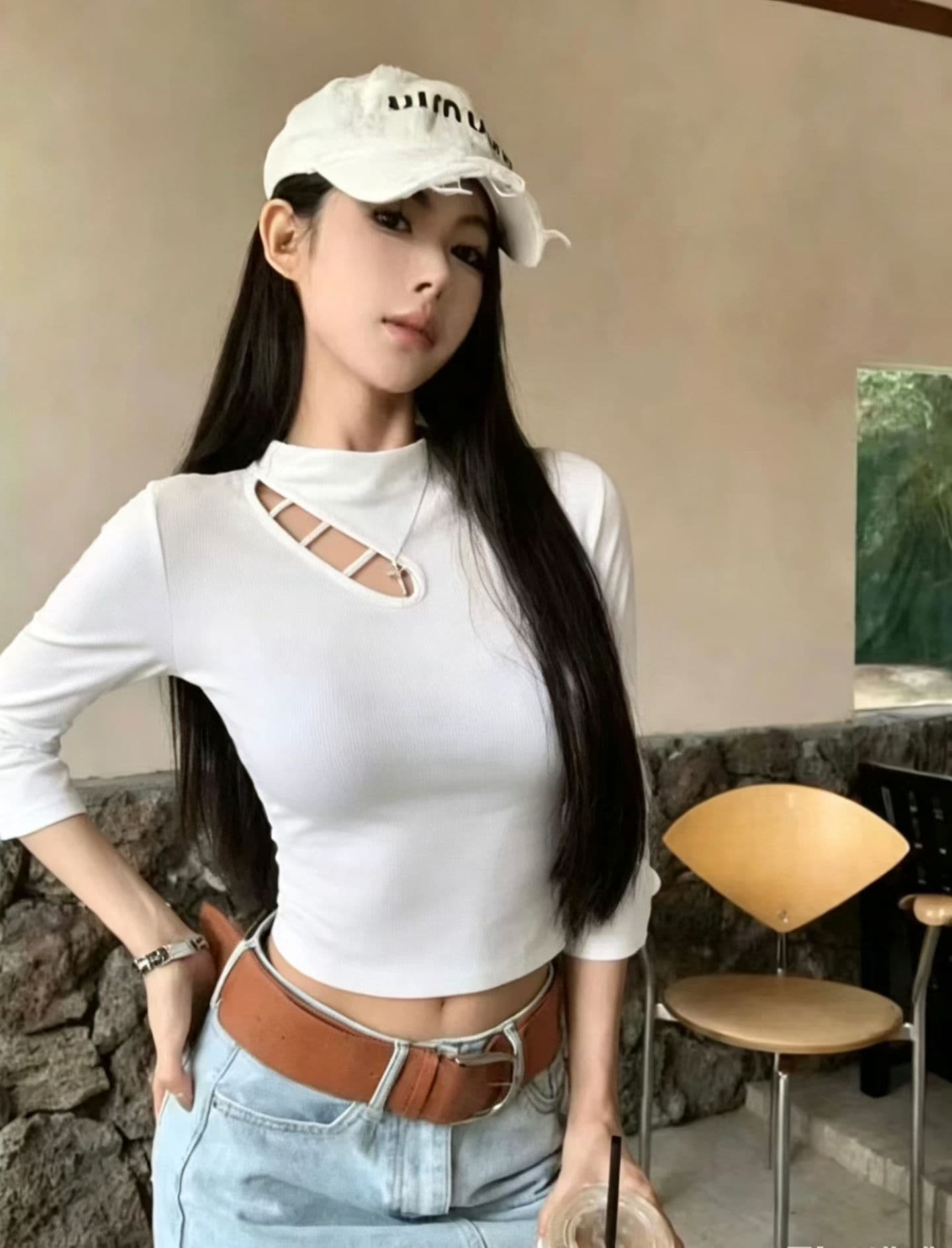 순수한 욕망 심장 기계 홀로우 아웃 반하이넥 중간 소매 기본 셔츠 여성 몸매 가꾸기 슬림해 보이는 기본 셔츠 맨위 상세 이미지 6