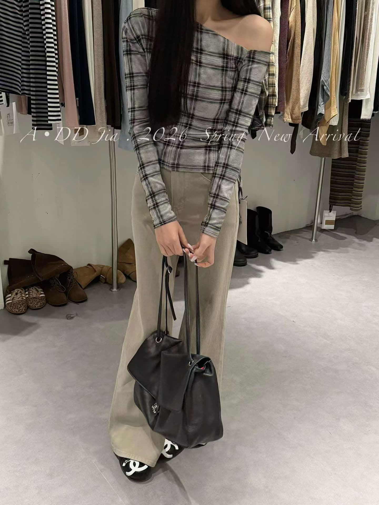 한 부서 레트로 느긋한 바람 오프숄더 체크무늬 작은 셔츠 여성 26 이른 가을 디자인 센스 셔츠 이미지 5