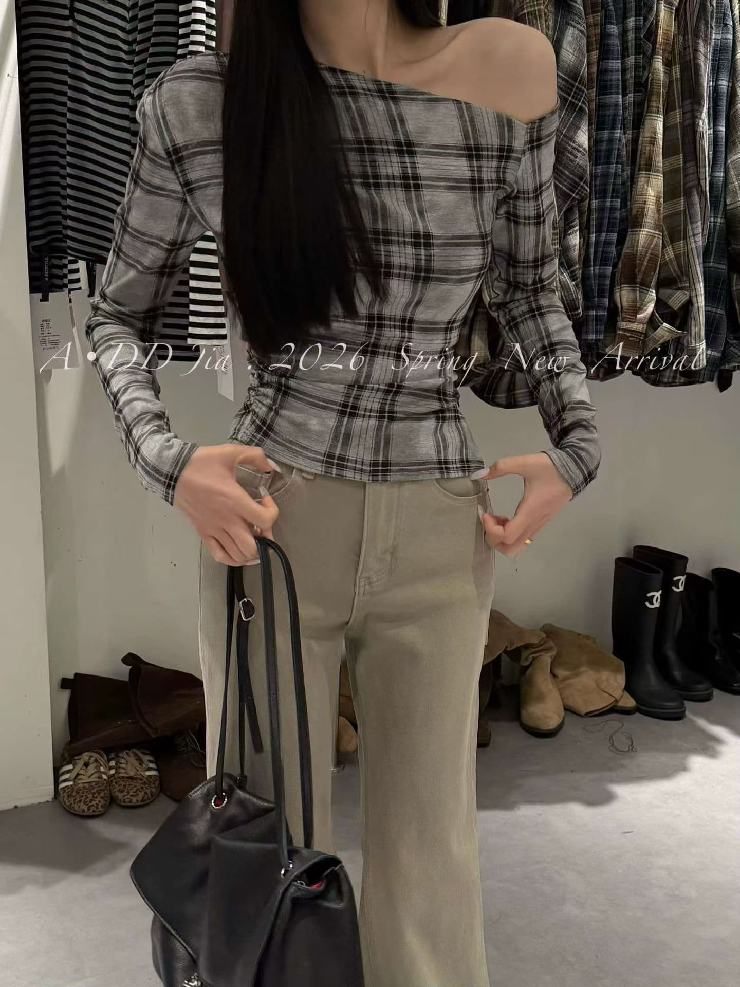 한 부서 레트로 느긋한 바람 오프숄더 체크무늬 작은 셔츠 여성 26 이른 가을 디자인 센스 셔츠 이미지 4